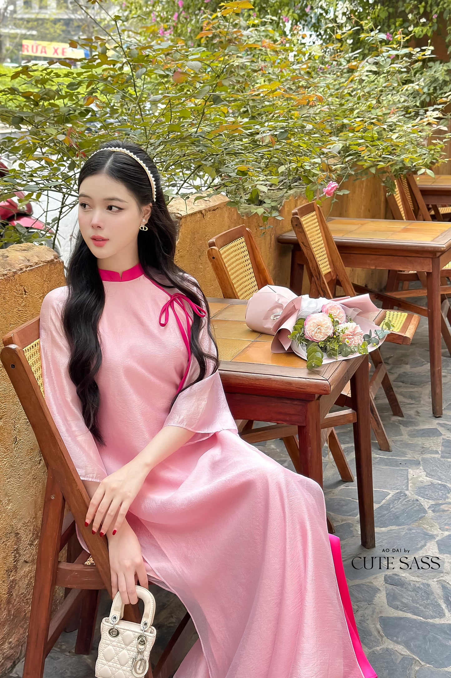 Sheer Shifted Chiffon Bow Ao Dai Set (3 Colors) |Pre-made Modernized Vietnamese Ao Dai| Ao Dai with Pants | Lunar New Year|33B,34-36C