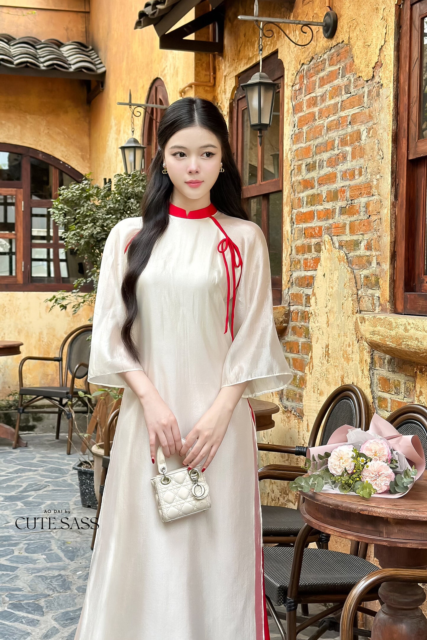 Sheer Shifted Chiffon Bow Ao Dai Set (3 Colors) |Pre-made Modernized Vietnamese Ao Dai| Ao Dai with Pants | Lunar New Year|33B,34-36C