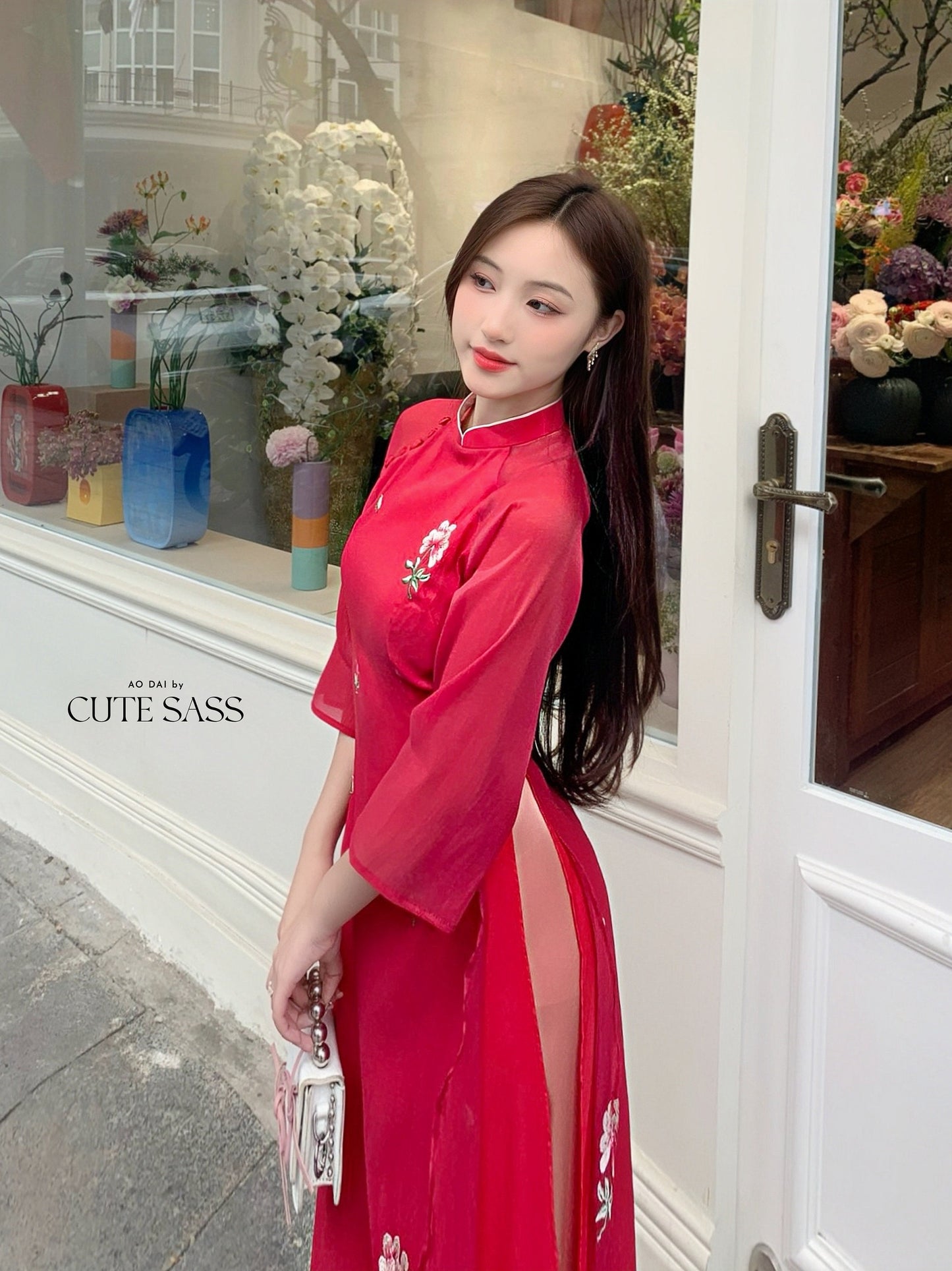 Red Carnation Button Ao Dai Set |Pre-made Modernized Vietnamese Ao Dai| Ao Dai with Pants | Lunar New Year| Ao Dai Truyen Thong|6E