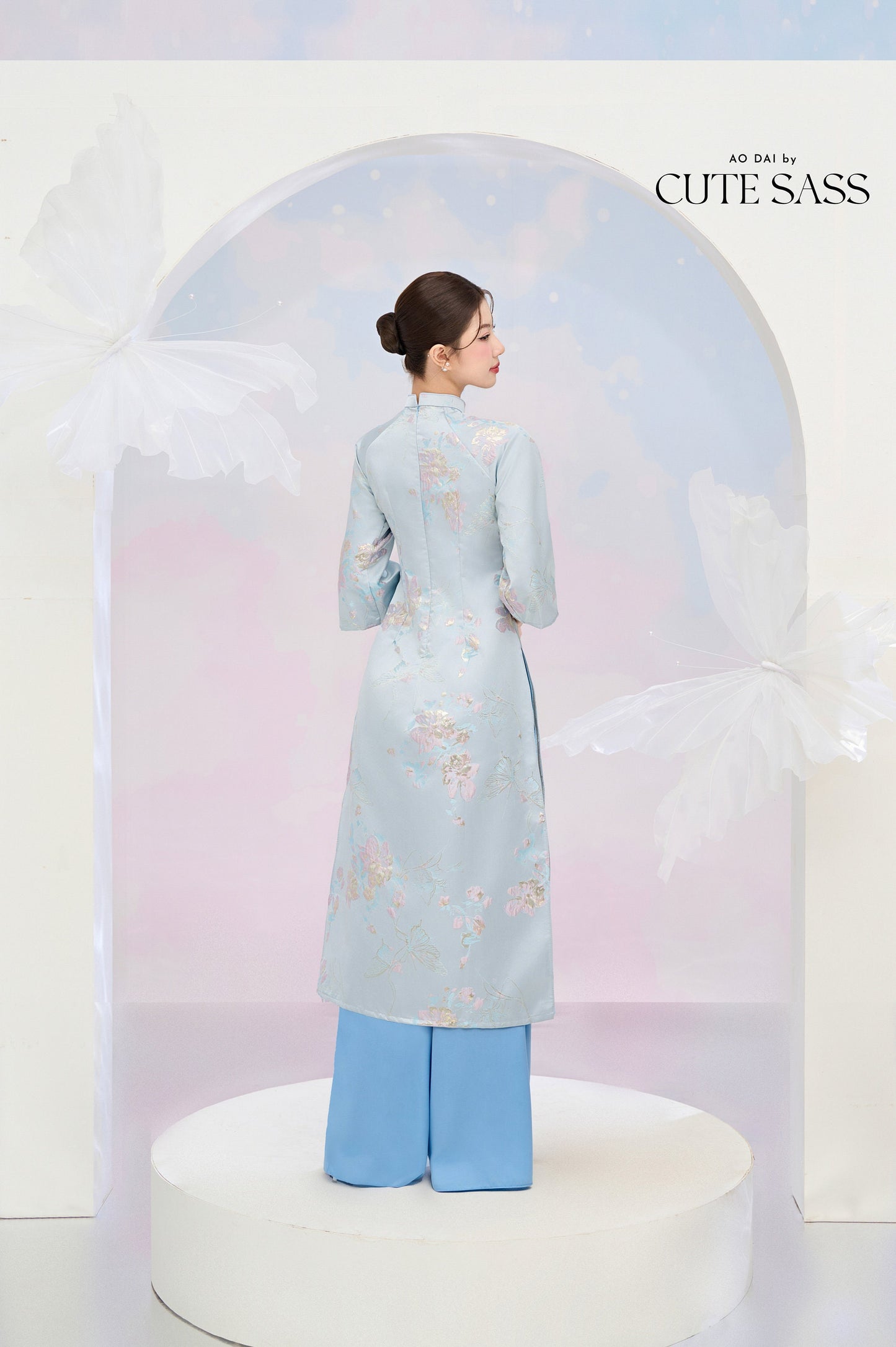 Pastel Blue and Gold Butterfly Garden Shifted Ao Dai Set