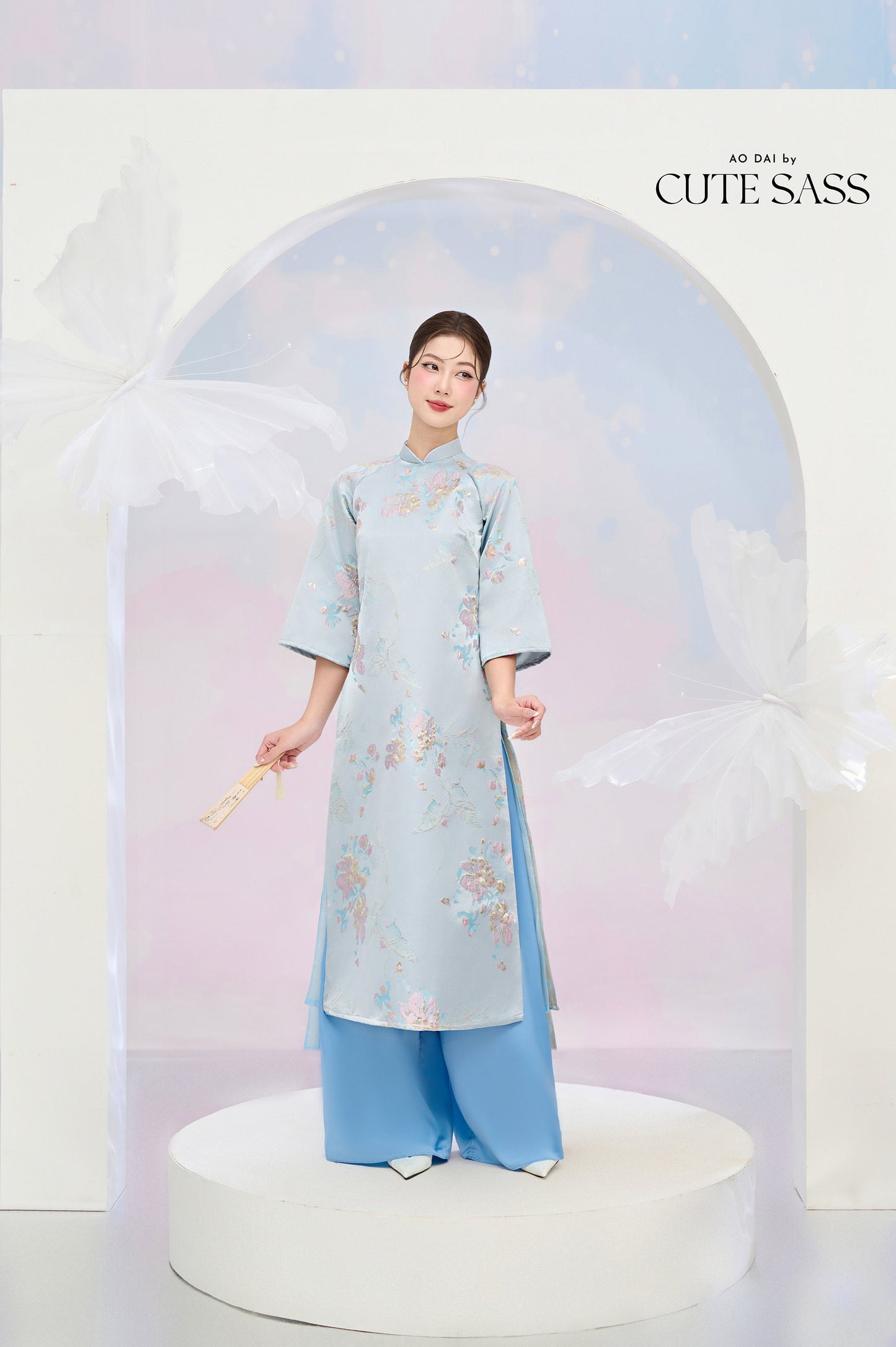 Pastel Blue and Gold Butterfly Garden Shifted Ao Dai Set
