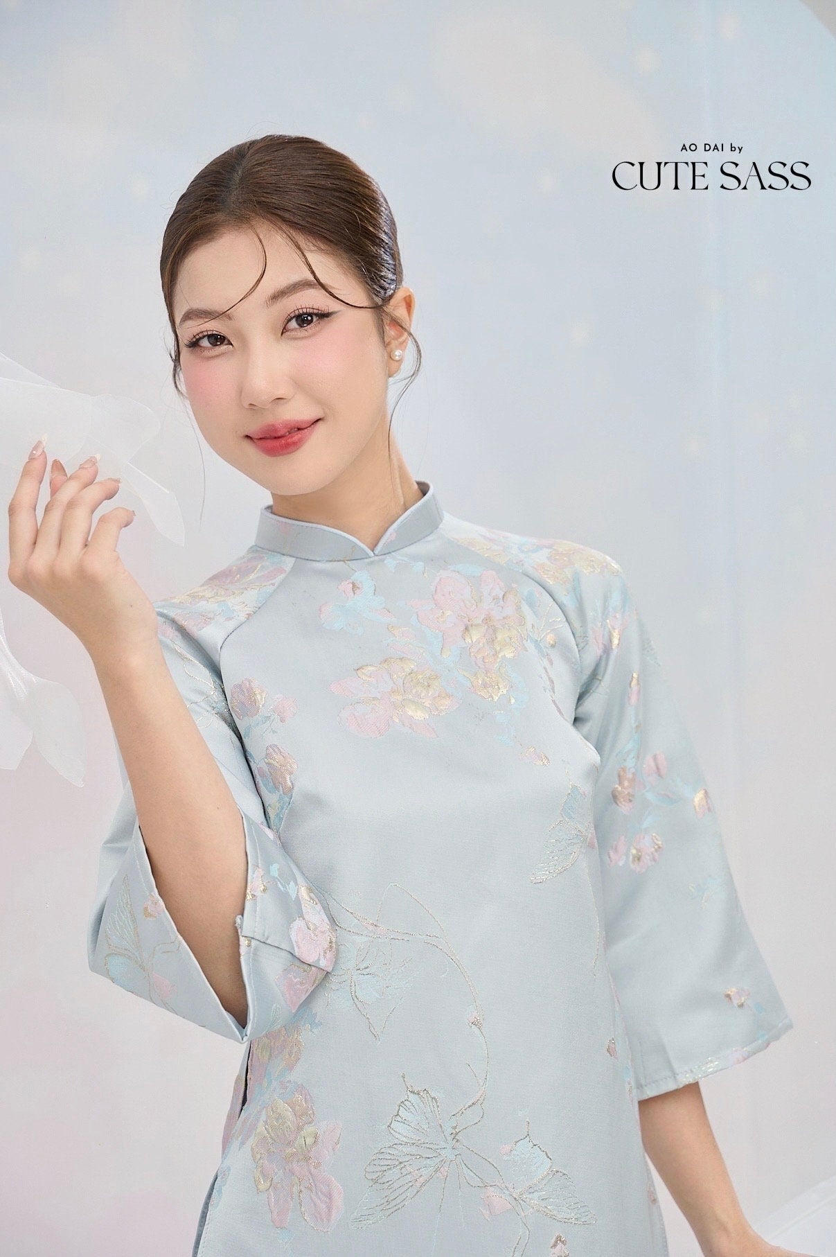 Pastel Blue and Gold Butterfly Garden Shifted Ao Dai Set
