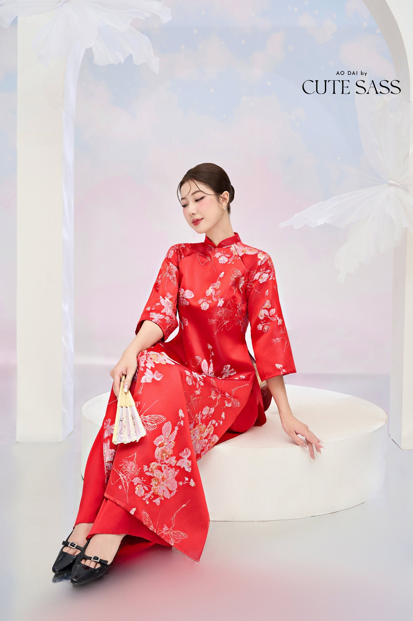 Red and Gold Butterfly Garden Shifted Ao Dai Set |Pre-made Modernized Vietnamese Ao Dai| Lunar New Year| Ao Dai Truyen Thong| 1-2D