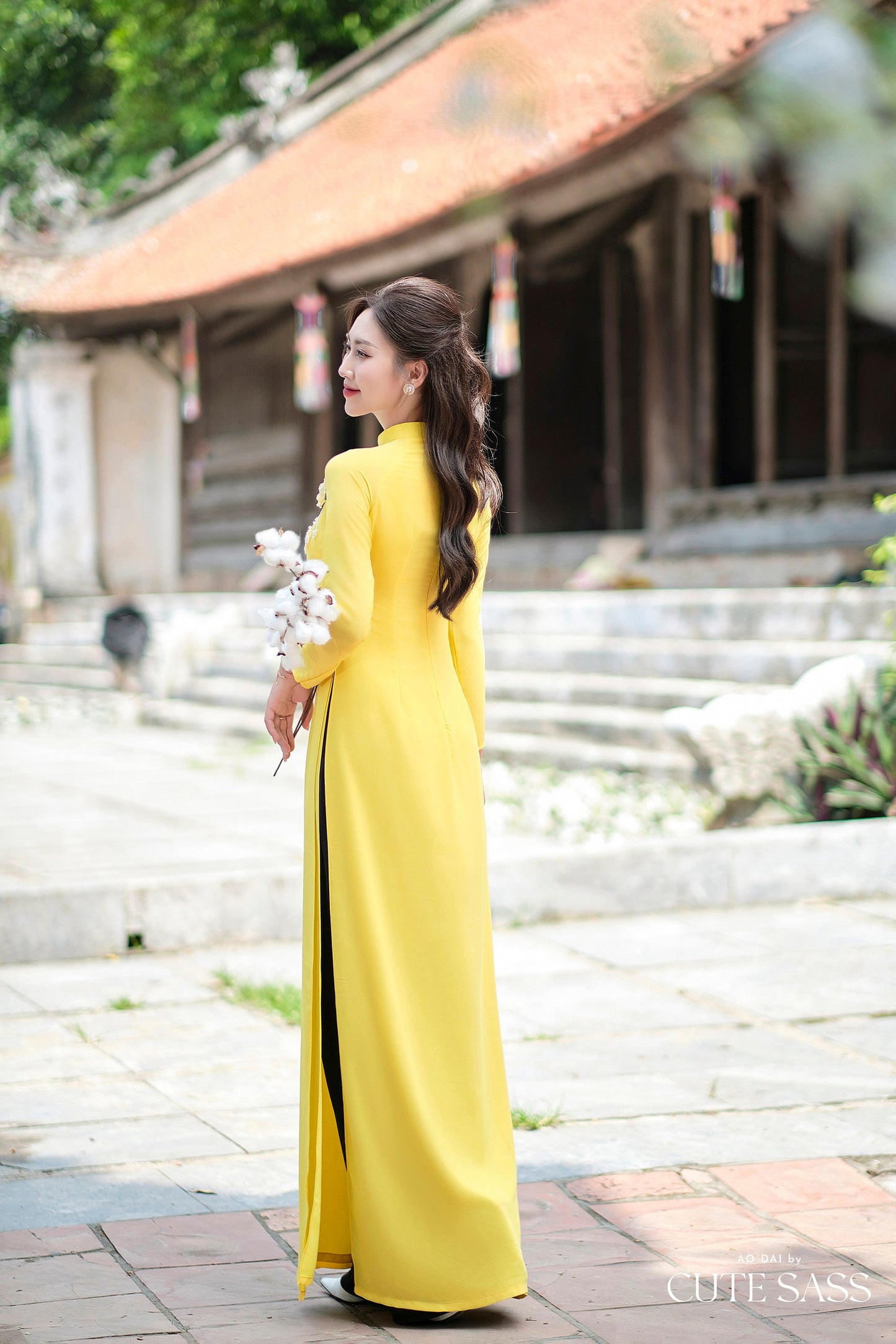 Yellow Ribbon 3D Flowers Chiffon Ao Dai Set| Pre-made Traditional Vietnamese Ao Dai with Pants|Lunar New Year Ao Dai| Ao Dai Truyen Thong|FL