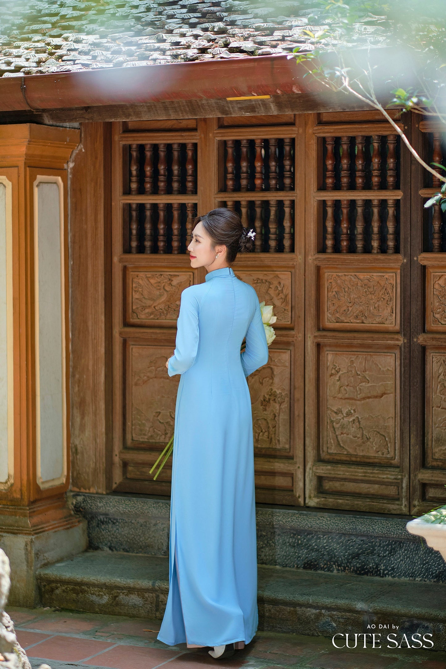 Blue Ribbon 3D Flowers Chiffon Ao Dai Set| Pre-made Traditional Vietnamese Ao Dai with Pants|Lunar New Year Ao Dai| Ao Dai Truyen Thong| FL