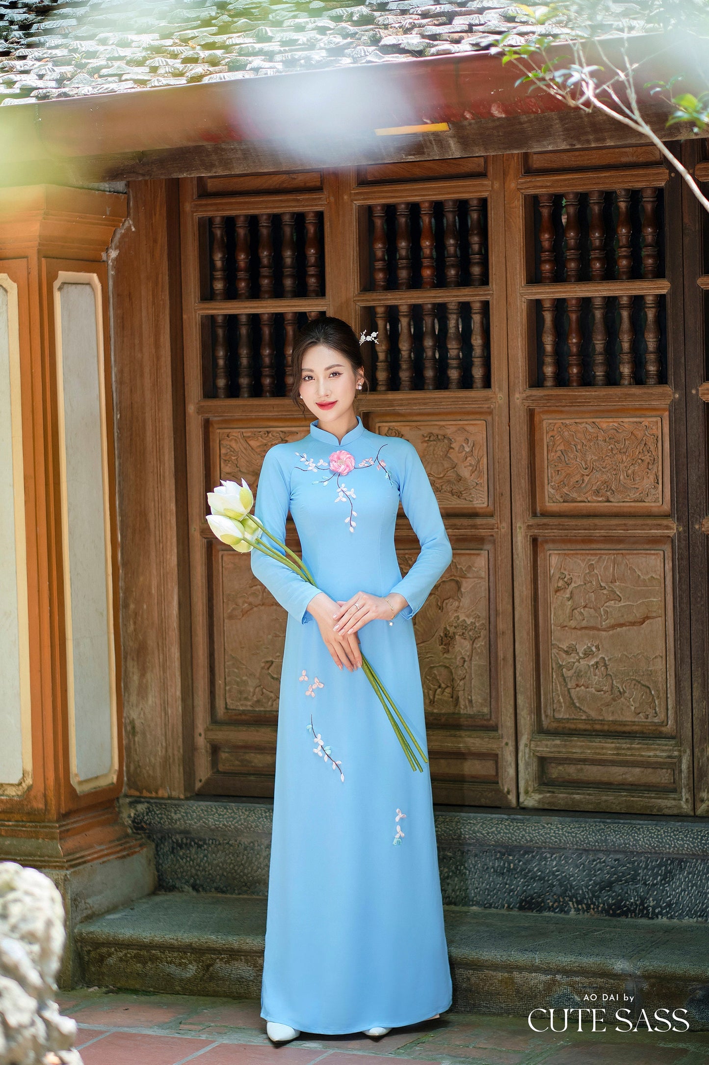 Blue Ribbon 3D Flowers Chiffon Ao Dai Set| Pre-made Traditional Vietnamese Ao Dai with Pants|Lunar New Year Ao Dai| Ao Dai Truyen Thong| FL