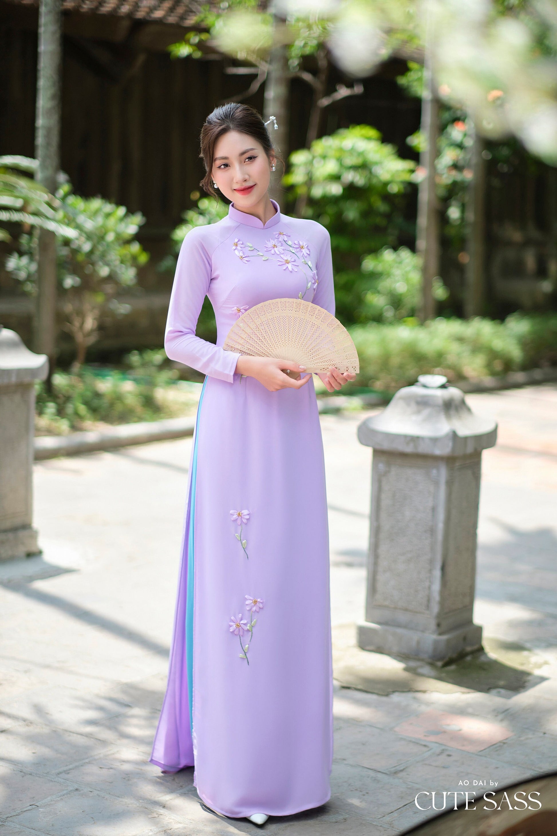 Purple A Light Leaf Ribbon 3D Chiffon Ao Dai Set|Pre-made Traditional Vietnamese Ao Dai with Pants|Lunar New Year| FL
