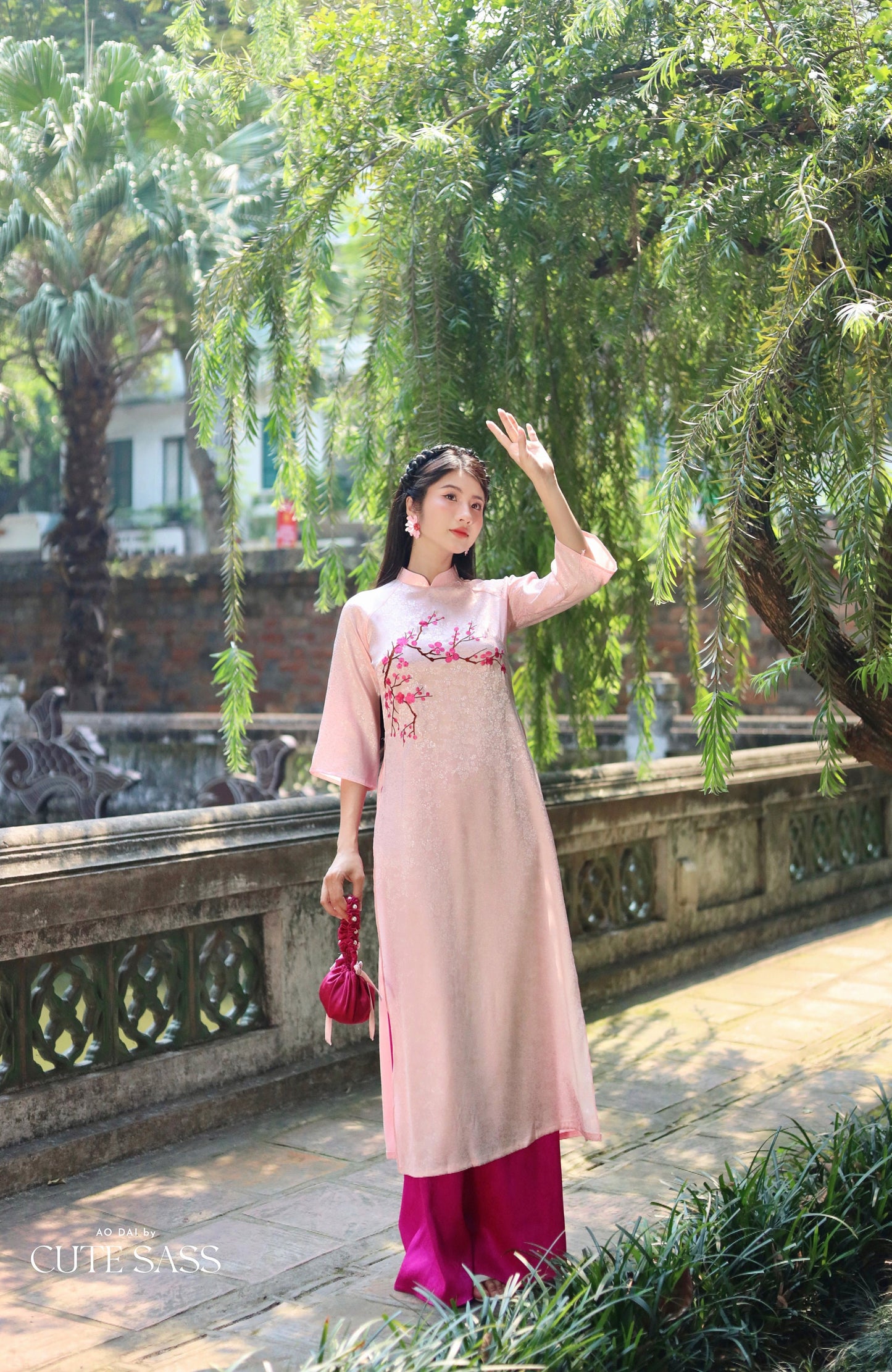 Pink Blossom Embroidery Gấm Ao Dai Set w/ Hot Pink Gấm Pants | Pre-made Traditional Vietnamese Ao Dai| Tet Ao Dai| Gam Ao Dai with Pants| FL