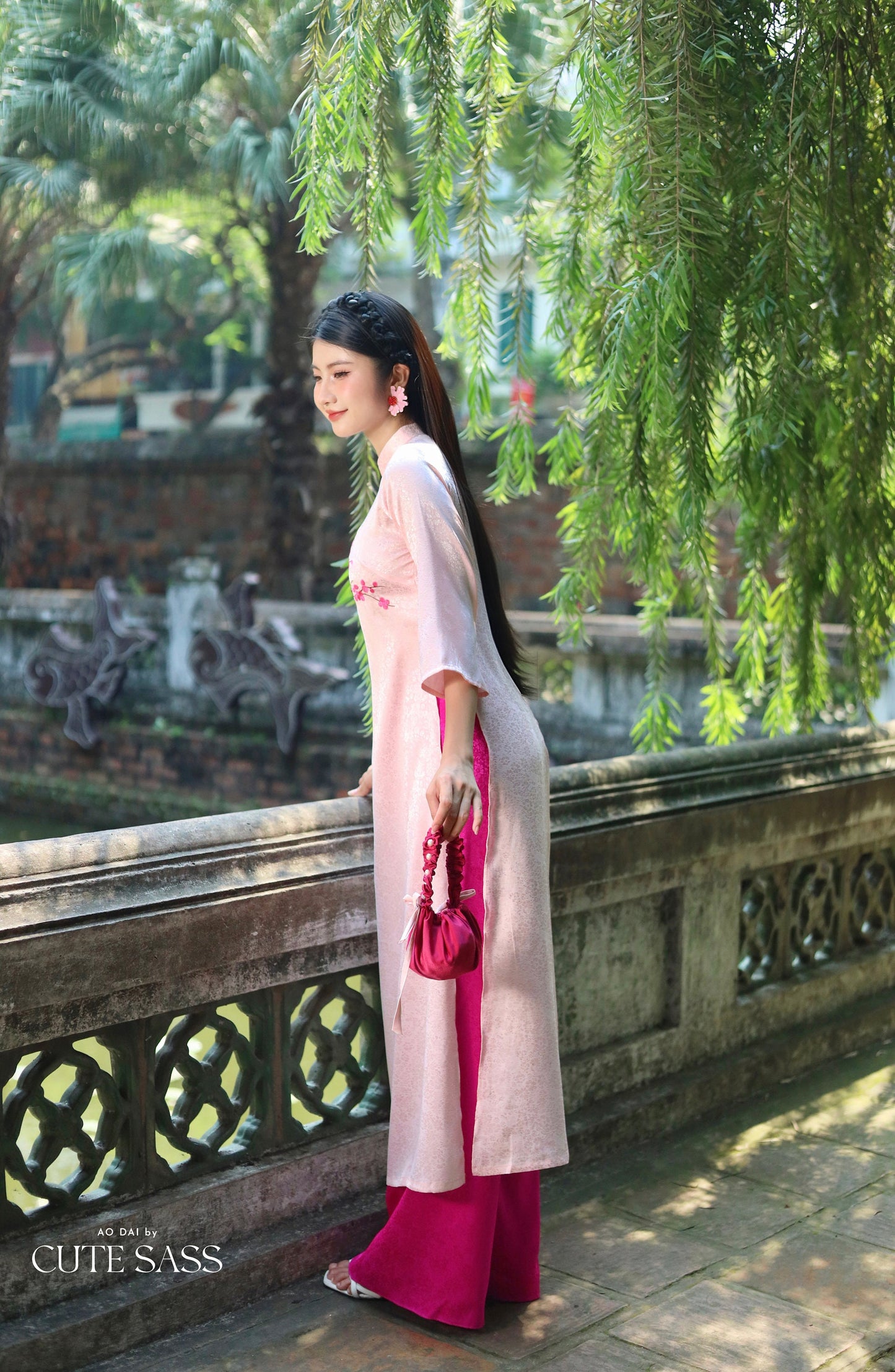 Pink Blossom Embroidery Gấm Ao Dai Set w/ Hot Pink Gấm Pants | Pre-made Traditional Vietnamese Ao Dai| Tet Ao Dai| Gam Ao Dai with Pants| FL