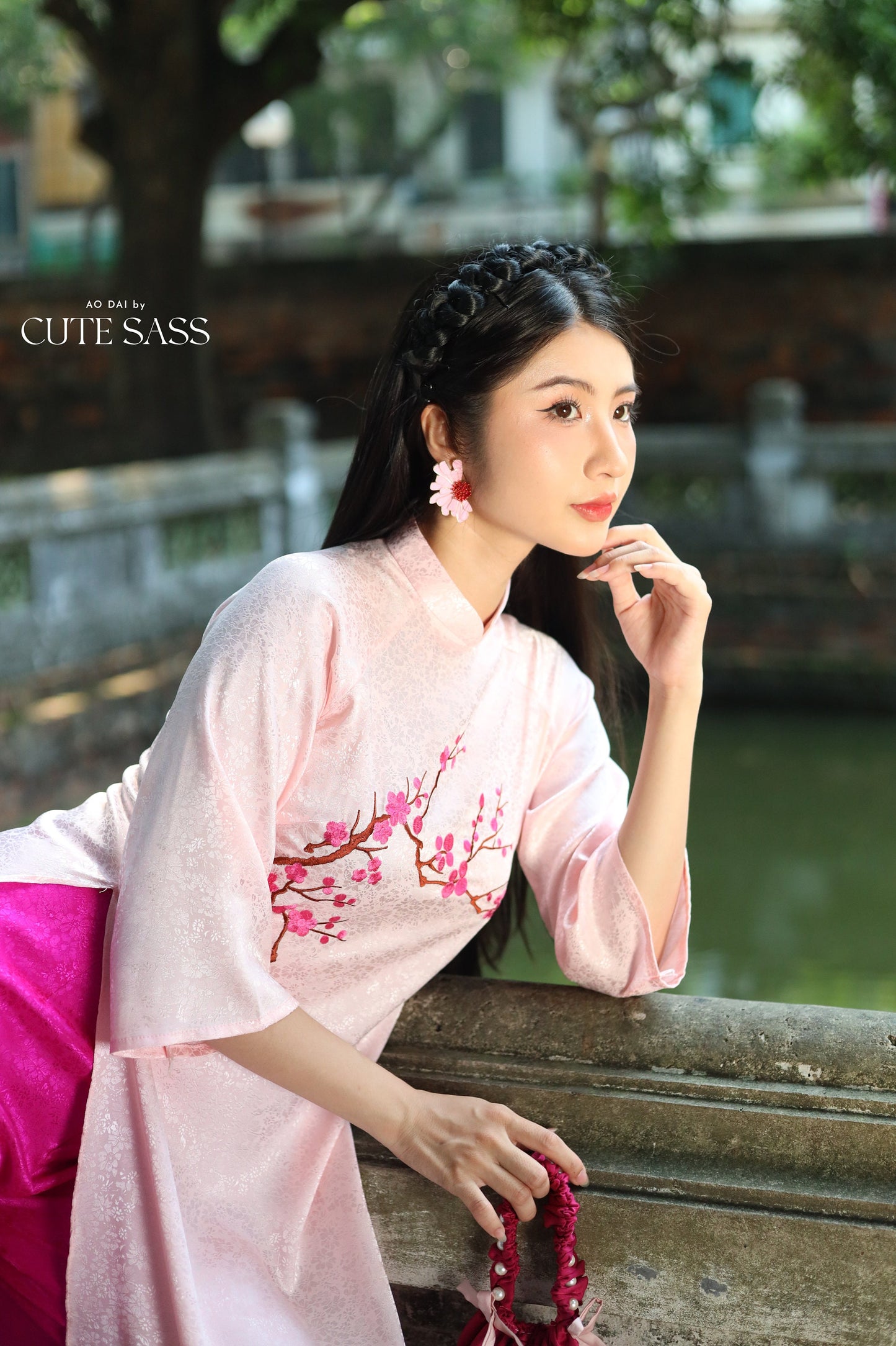 Pink Blossom Embroidery Gấm Ao Dai Set w/ Hot Pink Gấm Pants | Pre-made Traditional Vietnamese Ao Dai| Tet Ao Dai| Gam Ao Dai with Pants| FL