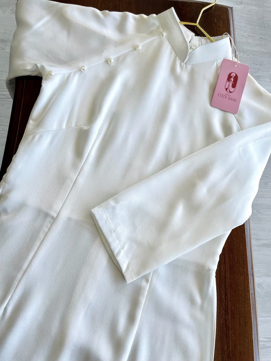 White Ngoc Trai Silk Pearl Ao Dai Set | Pre-made Traditional Vietnamese Ao Dai|Lunar New Year| Ao Dai Truyen Thong|Ao Dai with Pants| 9D