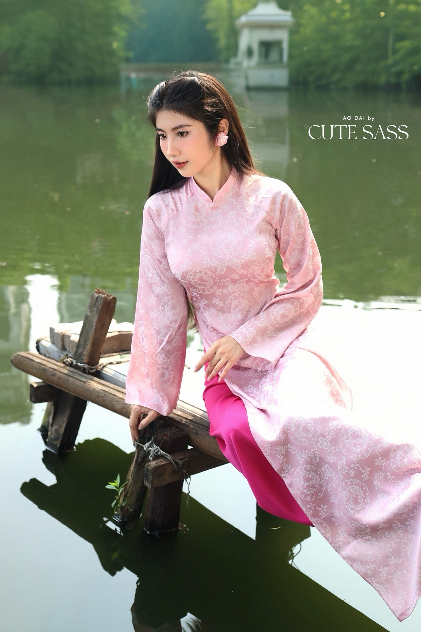 Light Pink Wreath Pattern Gam Ao Dai Set Wide Sleeves | Pre-made Vietnamese Ao Dai| Women Ao Dai | Lunar New Year| Ao Dai Truyen Thong|13D