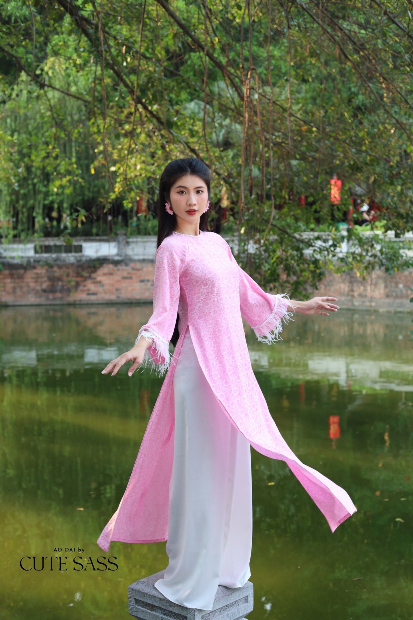 Pink Gam Feather Ao Dai Set |Pre-made Modernized Vietnamese Ao Dai with Pants | Lunar New Year |29B