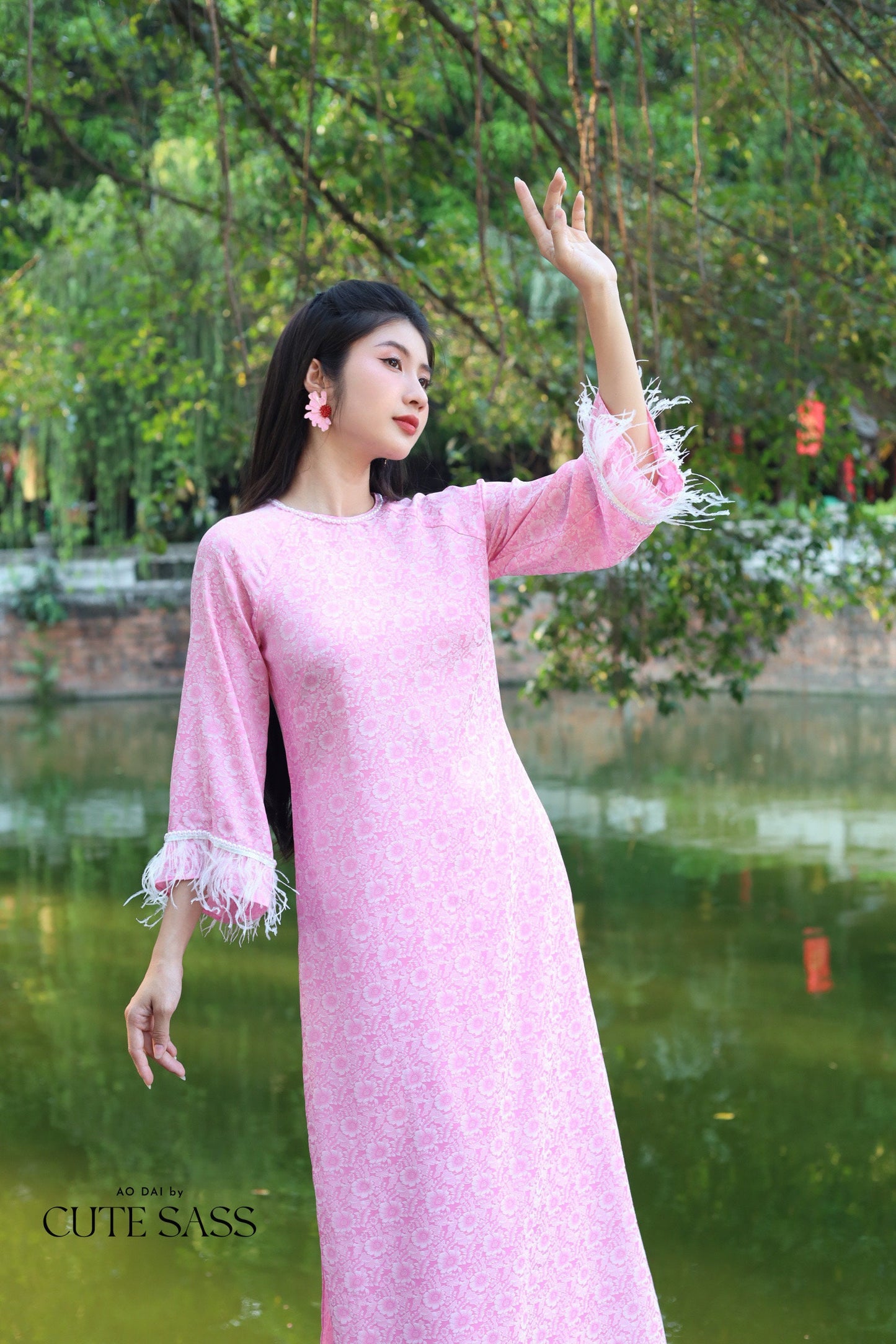 Pink Gam Feather Ao Dai Set |Pre-made Modernized Vietnamese Ao Dai with Pants | Lunar New Year |29B