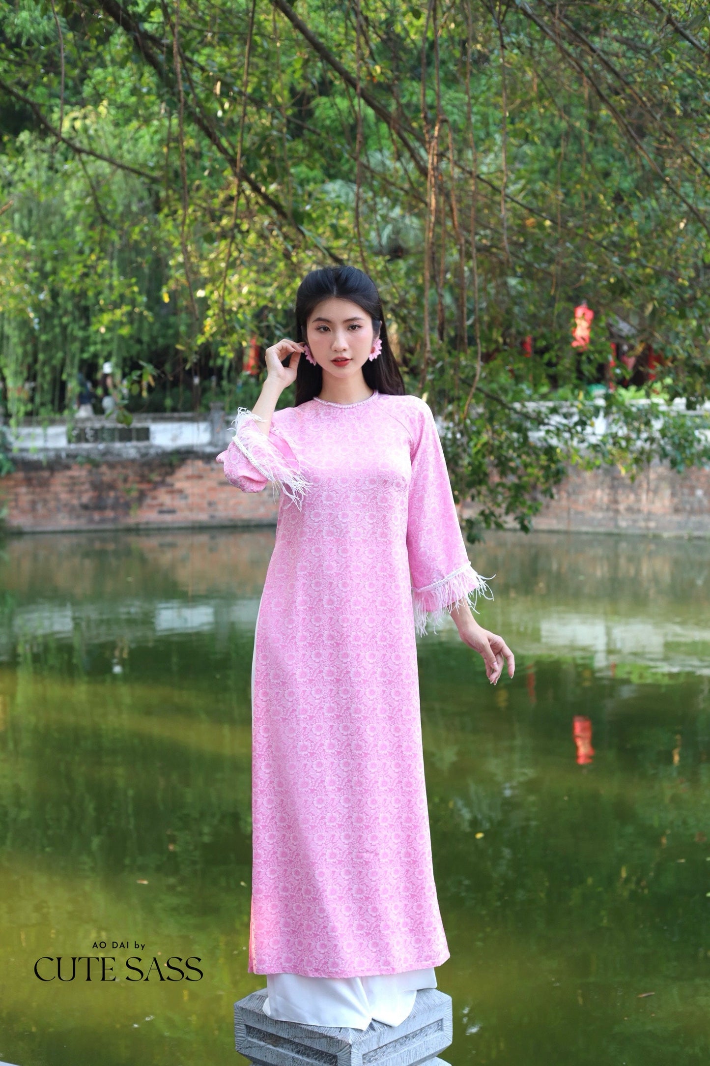 Pink Gam Feather Ao Dai Set |Pre-made Modernized Vietnamese Ao Dai with Pants | Lunar New Year |29B