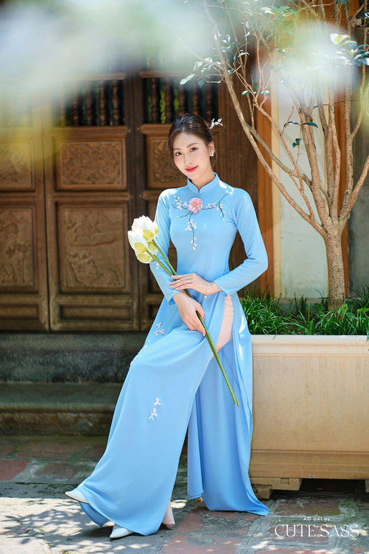 Blue Ribbon 3D Flowers Chiffon Ao Dai Set| Pre-made Traditional Vietnamese Ao Dai with Pants|Lunar New Year Ao Dai| Ao Dai Truyen Thong| FL