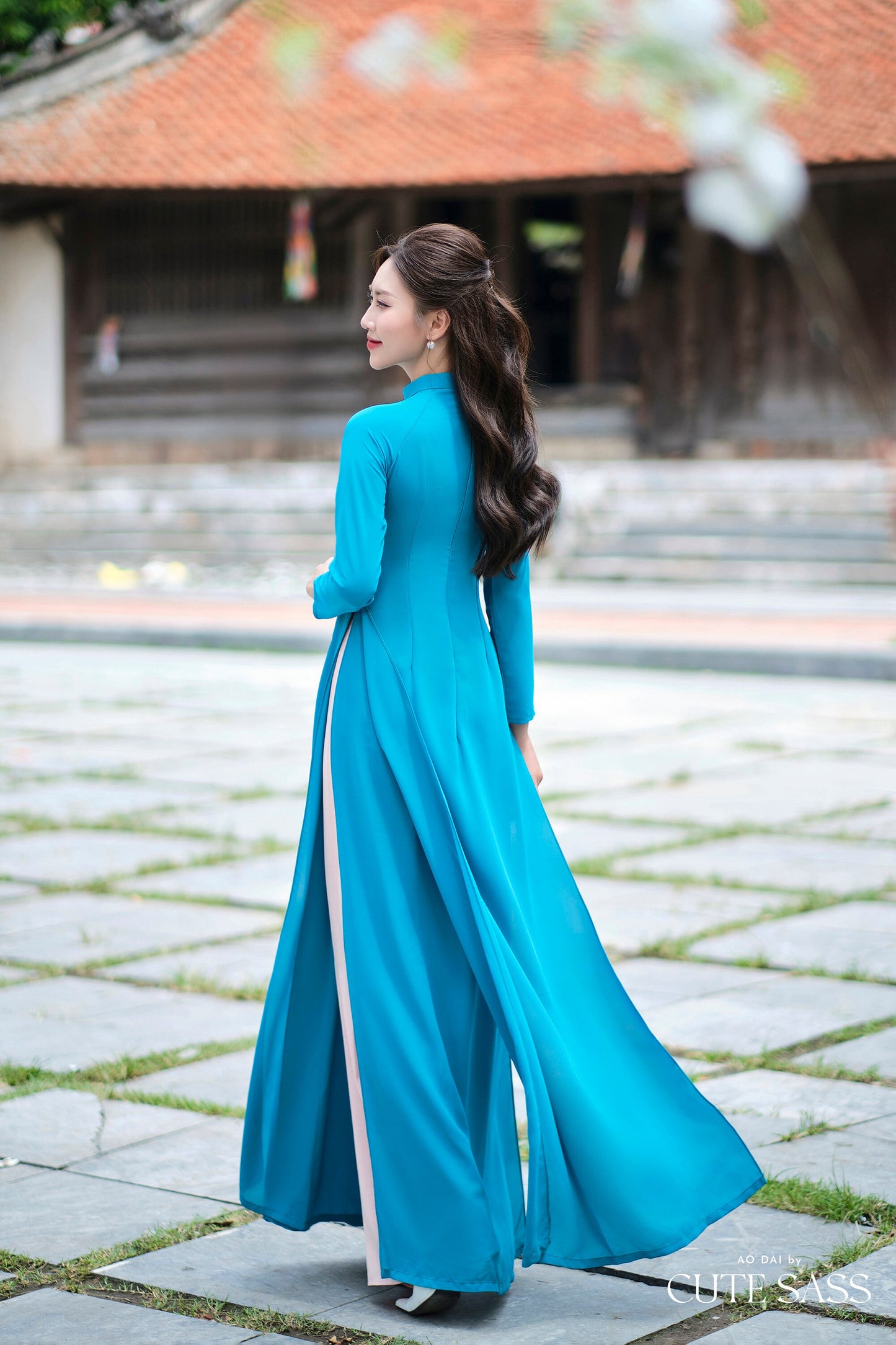 Cobalt Ribbon 3D Flowers Chiffon Ao Dai Set| Pre-made Traditional Vietnamese Ao Dai with Pants|Lunar New Year Ao Dai| Ao Dai Truyen Thong|FL