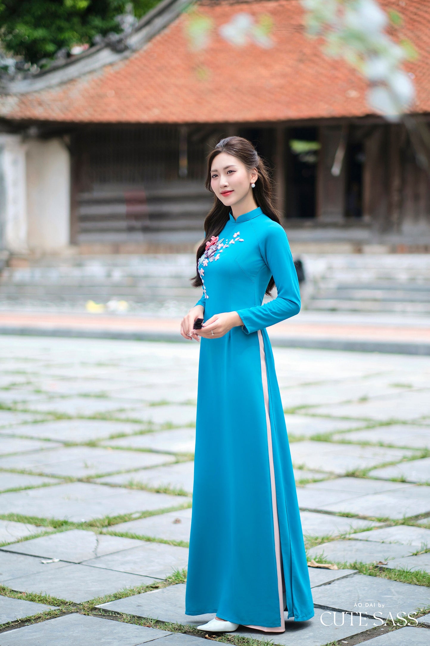 Cobalt Ribbon 3D Flowers Chiffon Ao Dai Set| Pre-made Traditional Vietnamese Ao Dai with Pants|Lunar New Year Ao Dai| Ao Dai Truyen Thong|FL