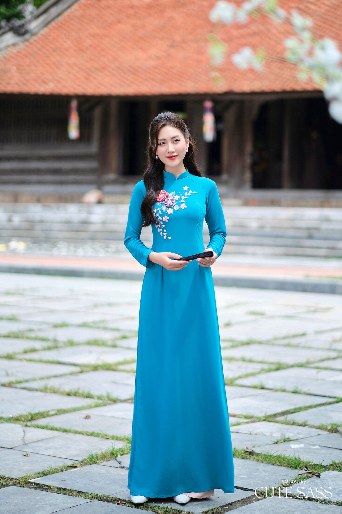 Cobalt Ribbon 3D Flowers Chiffon Ao Dai Set| Pre-made Traditional Vietnamese Ao Dai with Pants|Lunar New Year Ao Dai| Ao Dai Truyen Thong|FL