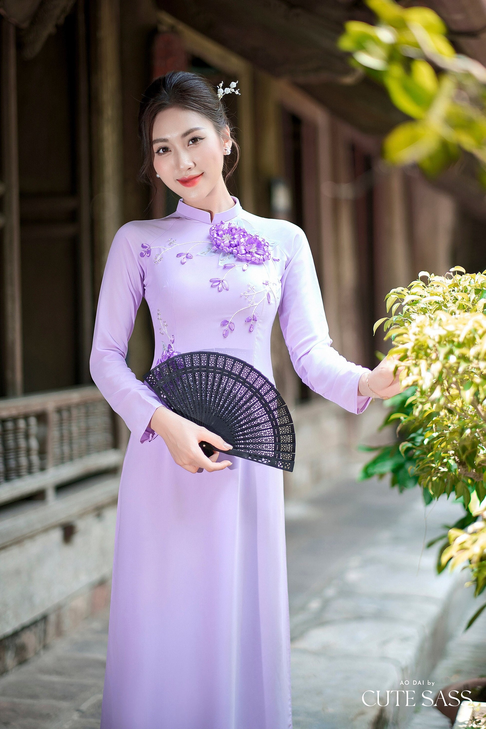 Purple B Dark 3D Ribbon Flowers 3D Chiffon Ao Dai Set
