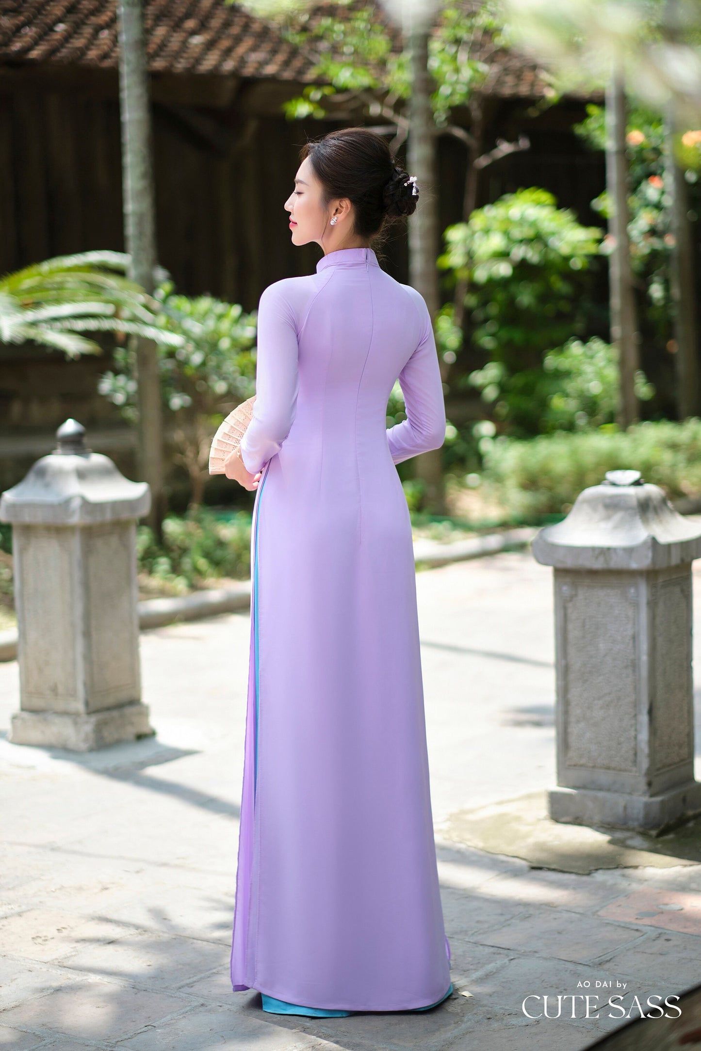 Purple A Light Leaf Ribbon 3D Chiffon Ao Dai Set|Pre-made Traditional Vietnamese Ao Dai with Pants|Lunar New Year| FL