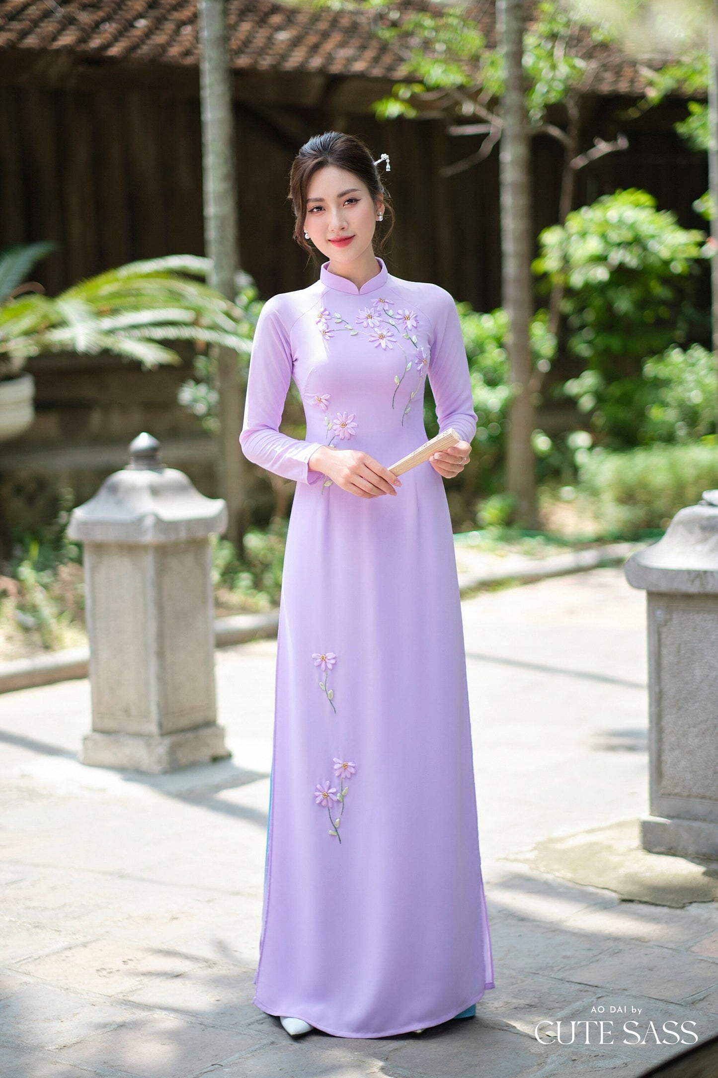 Purple A Light Leaf Ribbon 3D Chiffon Ao Dai Set|Pre-made Traditional Vietnamese Ao Dai with Pants|Lunar New Year| FL