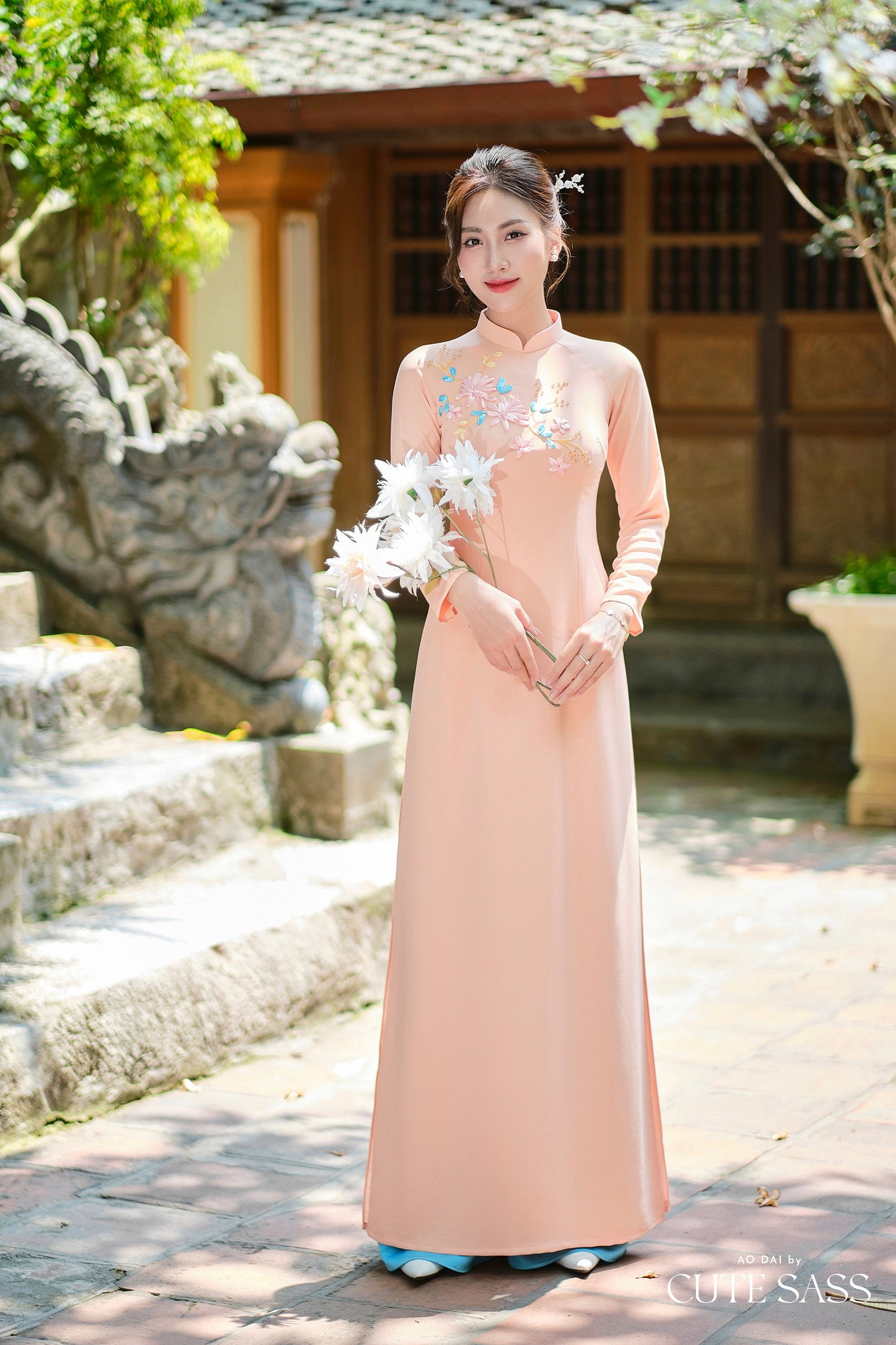 Peach A Blue Leaf Ribbon 3D Chiffon Ao Dai Set|Pre-made Traditional Vietnamese Ao Dai with Pants|Lunar New Year| FL