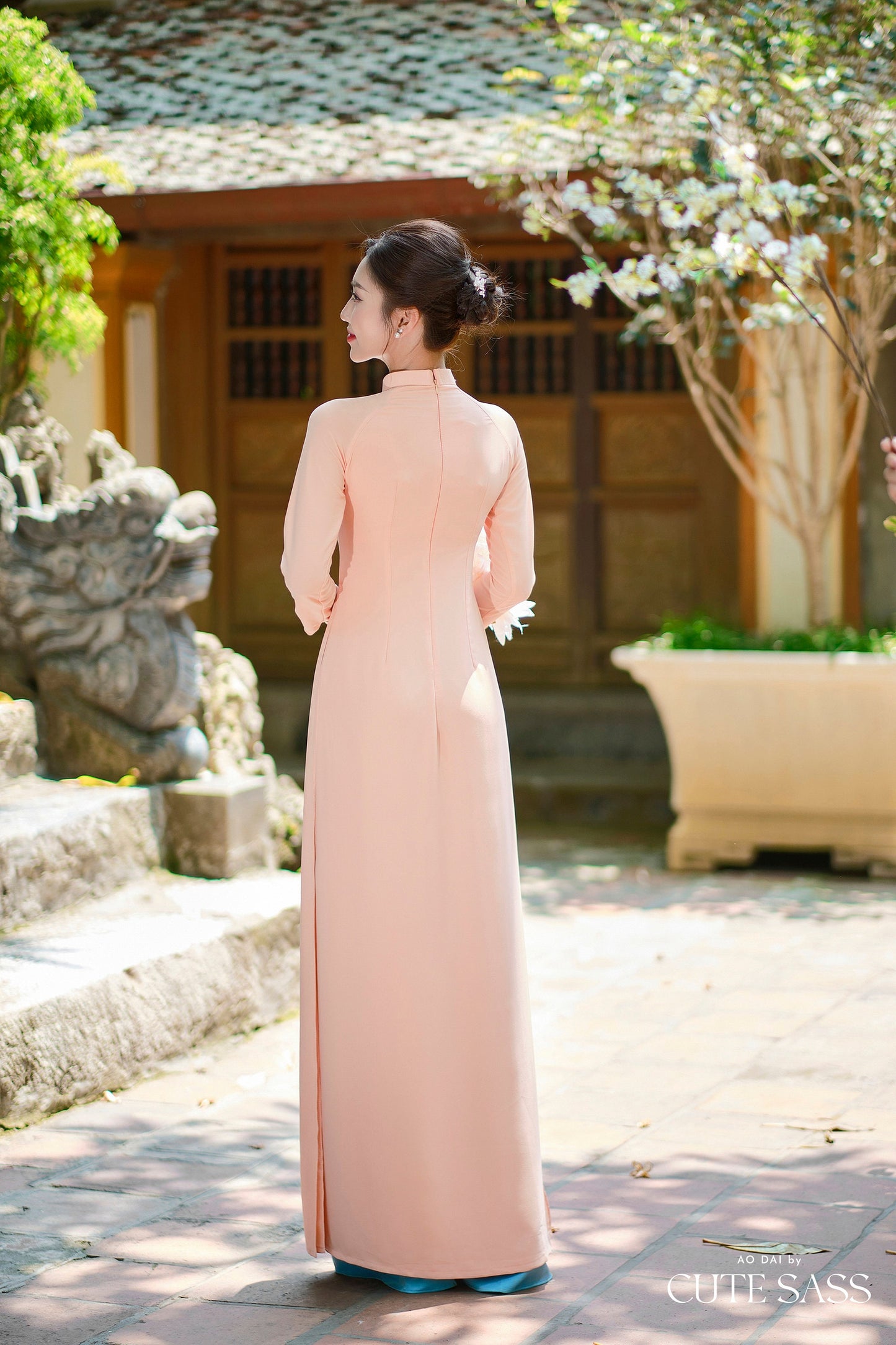 Peach A Blue Leaf Ribbon 3D Chiffon Ao Dai Set|Pre-made Traditional Vietnamese Ao Dai with Pants|Lunar New Year| FL