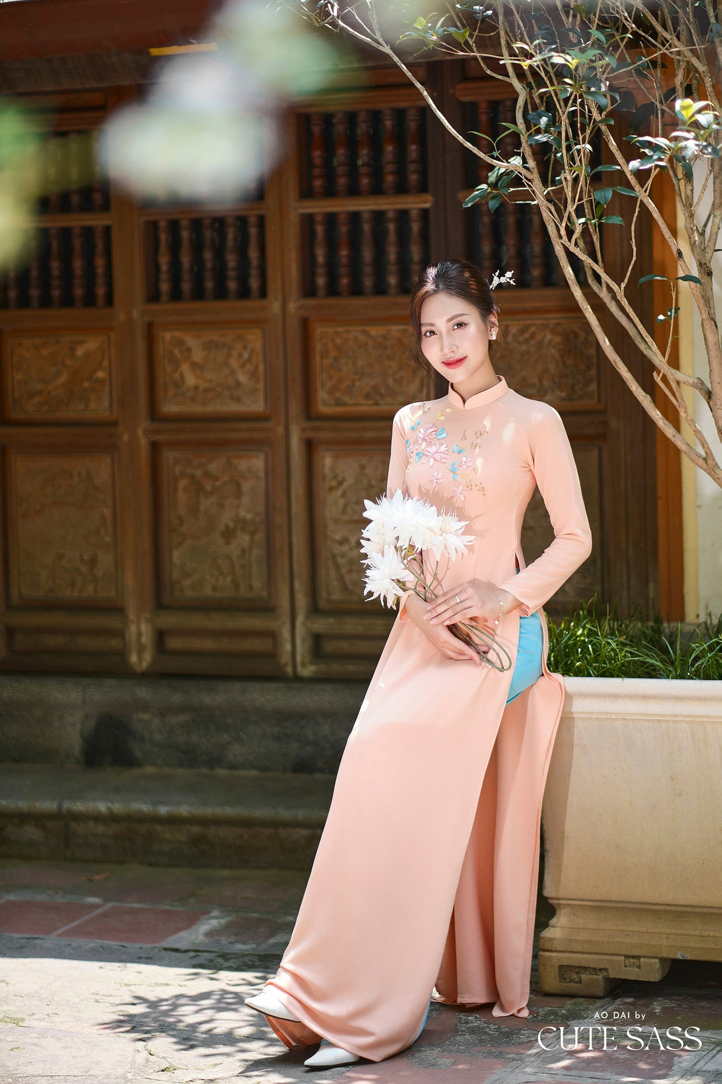 Peach A Blue Leaf Ribbon 3D Chiffon Ao Dai Set|Pre-made Traditional Vietnamese Ao Dai with Pants|Lunar New Year| FL