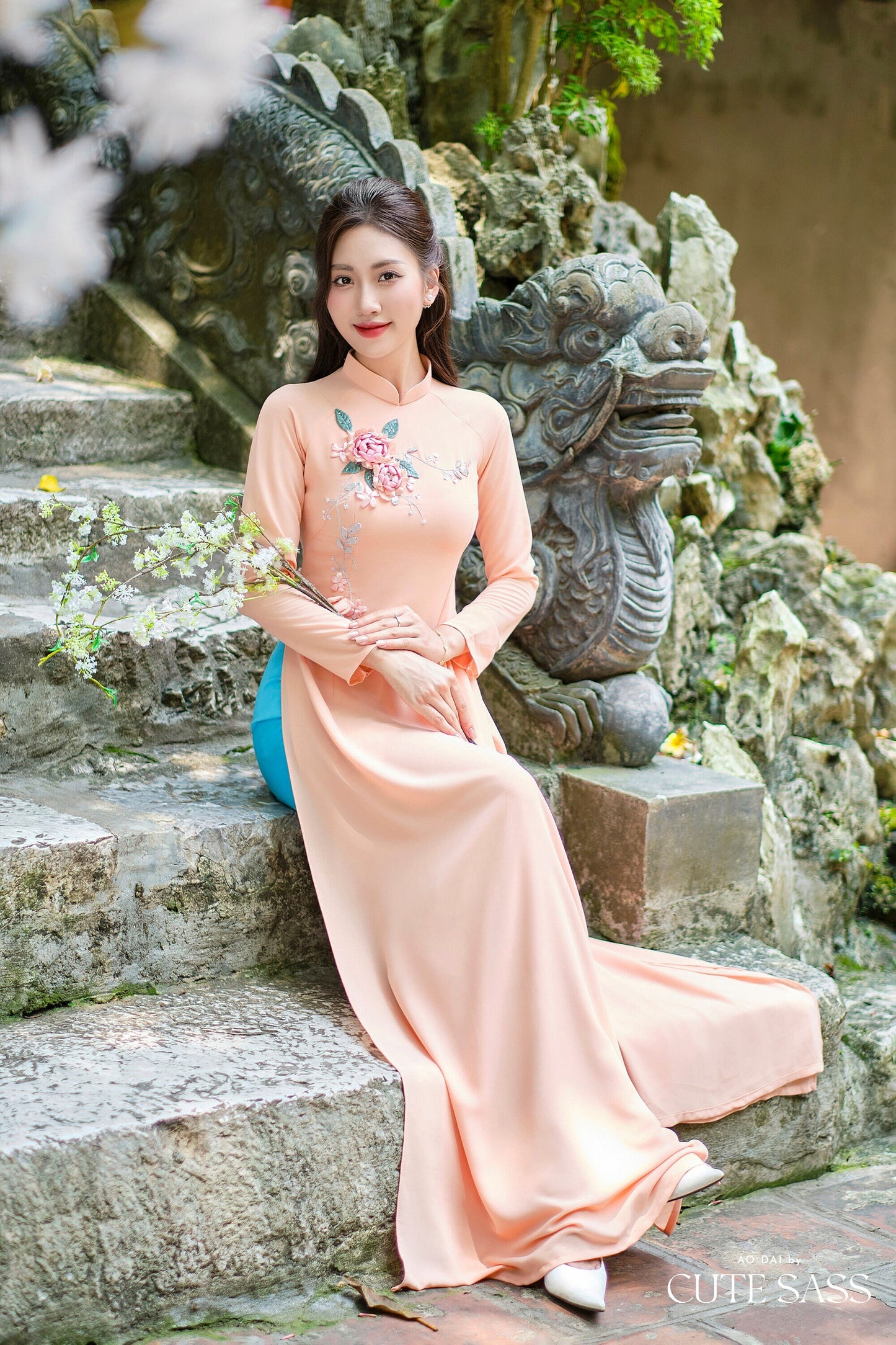 Peach B Green Leaf Rose Ribbon 3D Chiffon Ao Dai Set|Pre-made Traditional Vietnamese Ao Dai with Pants|Lunar New Year| FL