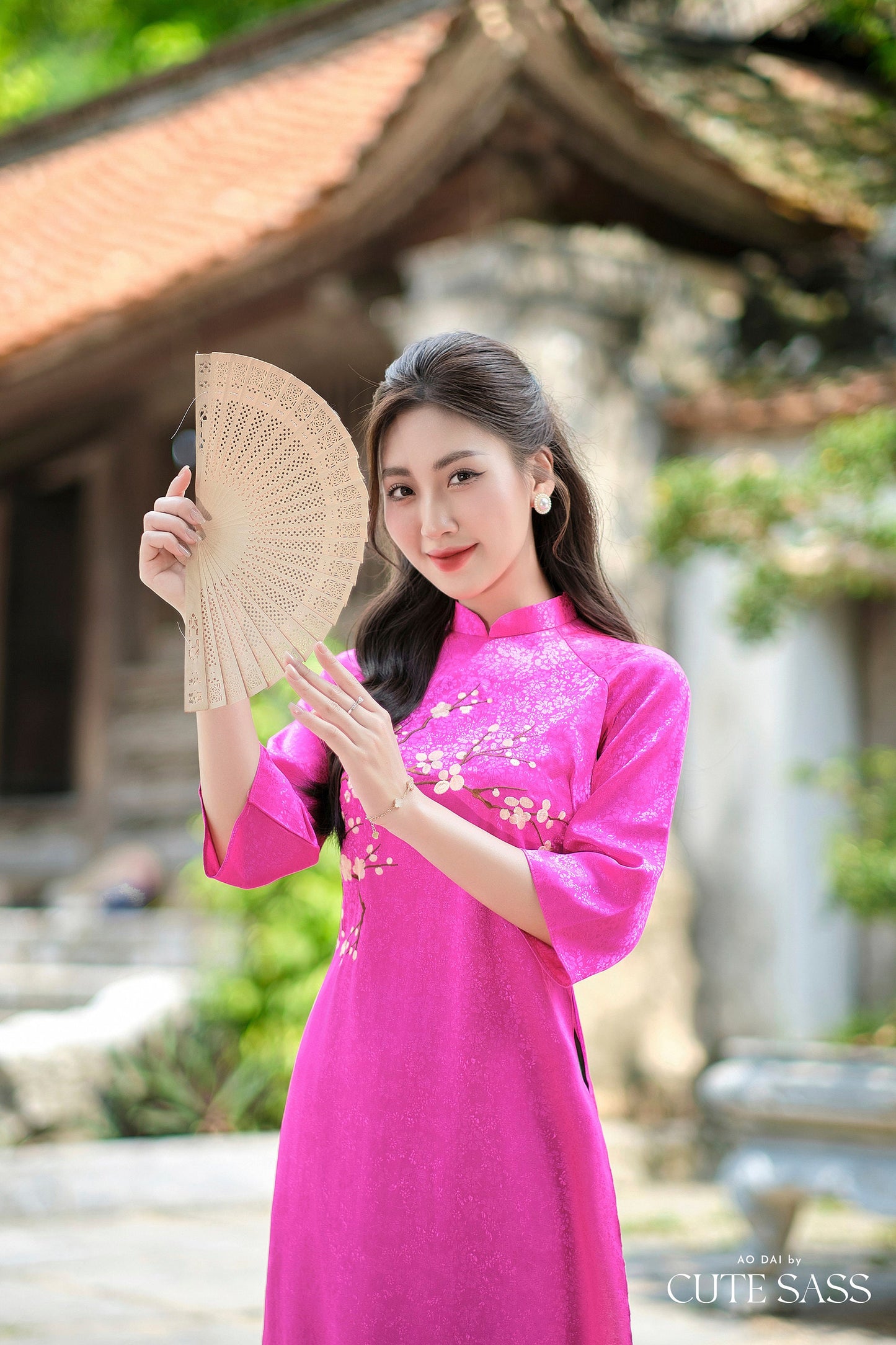 Hot Pink Mai Embroidery Gấm Ao Dai Set w/ Emerald Green Gấm Pants | Pre-made Traditional Vietnamese Ao Dai| Gam Ao Dai with Pants|10C