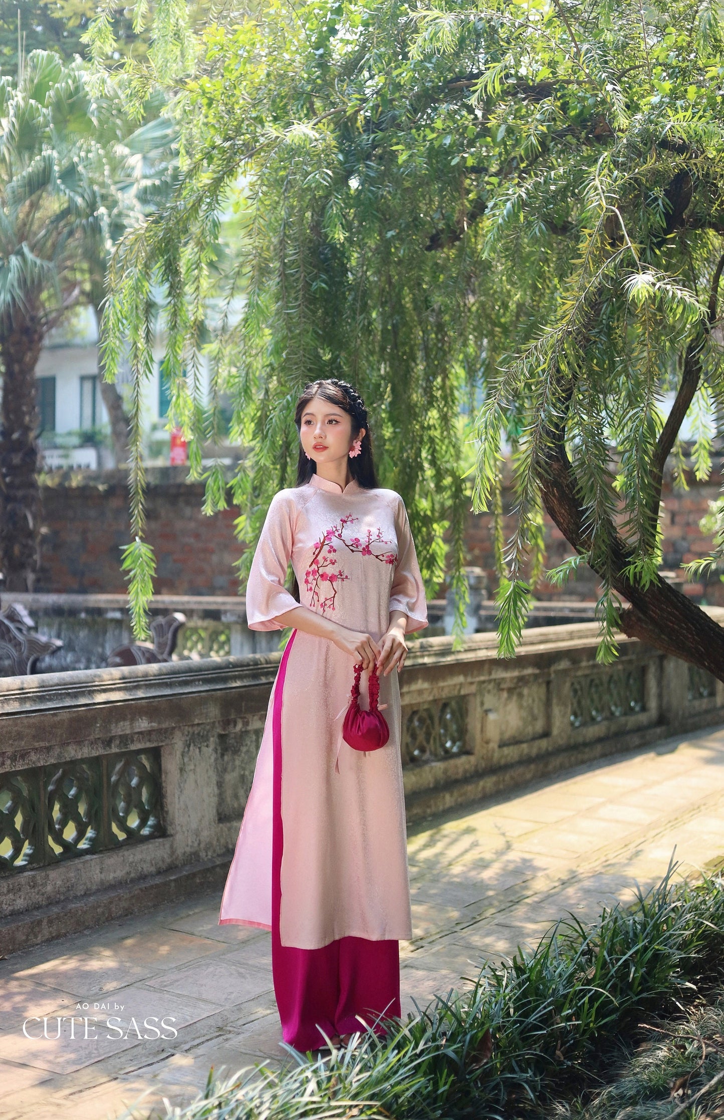 Pink Blossom Embroidery Gấm Ao Dai Set w/ Hot Pink Gấm Pants | Pre-made Traditional Vietnamese Ao Dai| Tet Ao Dai| Gam Ao Dai with Pants| FL