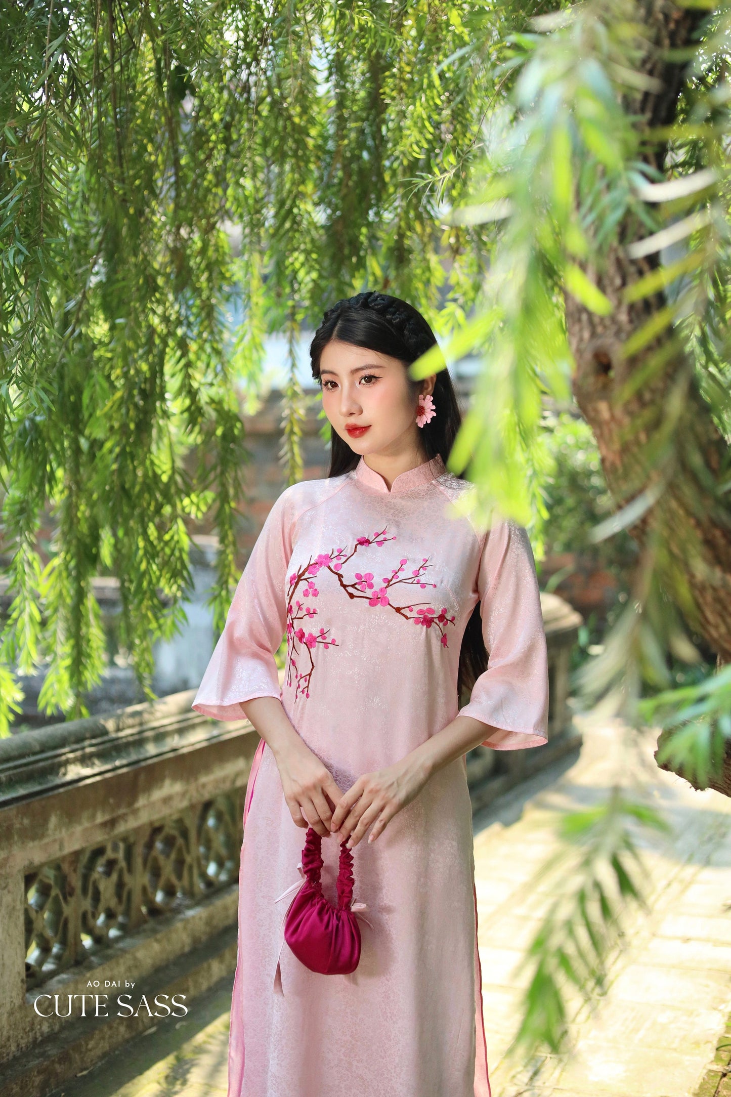Pink Blossom Embroidery Gấm Ao Dai Set w/ Hot Pink Gấm Pants | Pre-made Traditional Vietnamese Ao Dai| Tet Ao Dai| Gam Ao Dai with Pants| FL