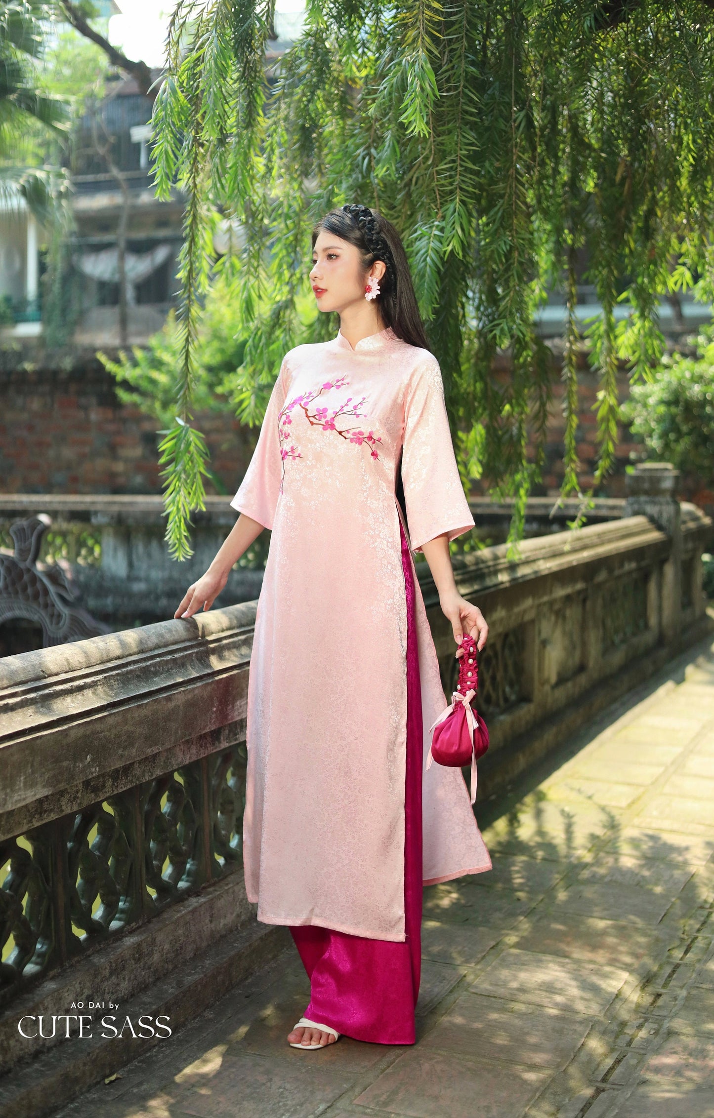 Pink Blossom Embroidery Gấm Ao Dai Set w/ Hot Pink Gấm Pants | Pre-made Traditional Vietnamese Ao Dai| Tet Ao Dai| Gam Ao Dai with Pants| FL
