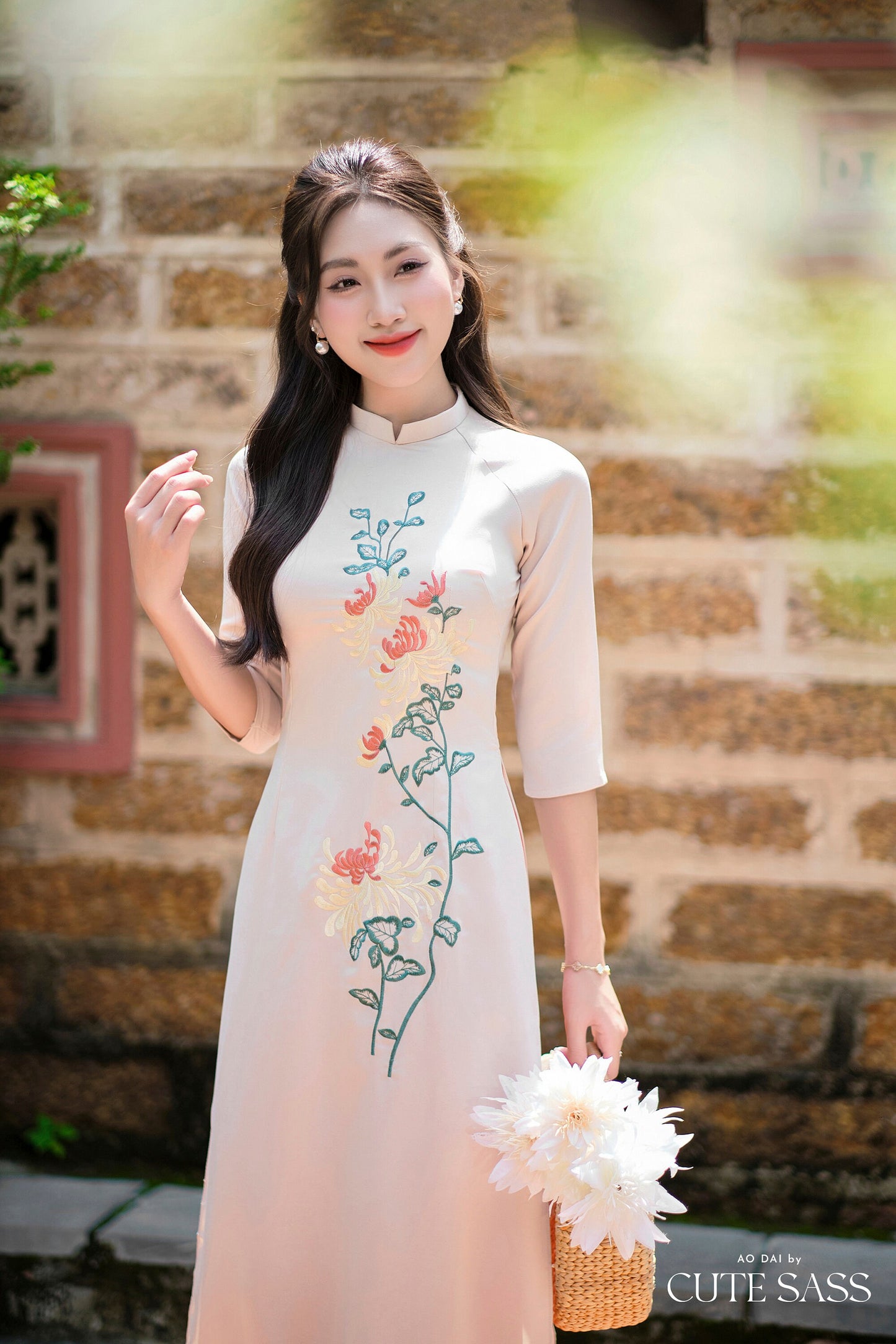 Beige Embroidery Ao Dai Set | Pre-made Traditional Vietnamese Ao Dai | Women Ao Dai with Pants | Lunar New Year| Ao Dai Truyen Thong |FL