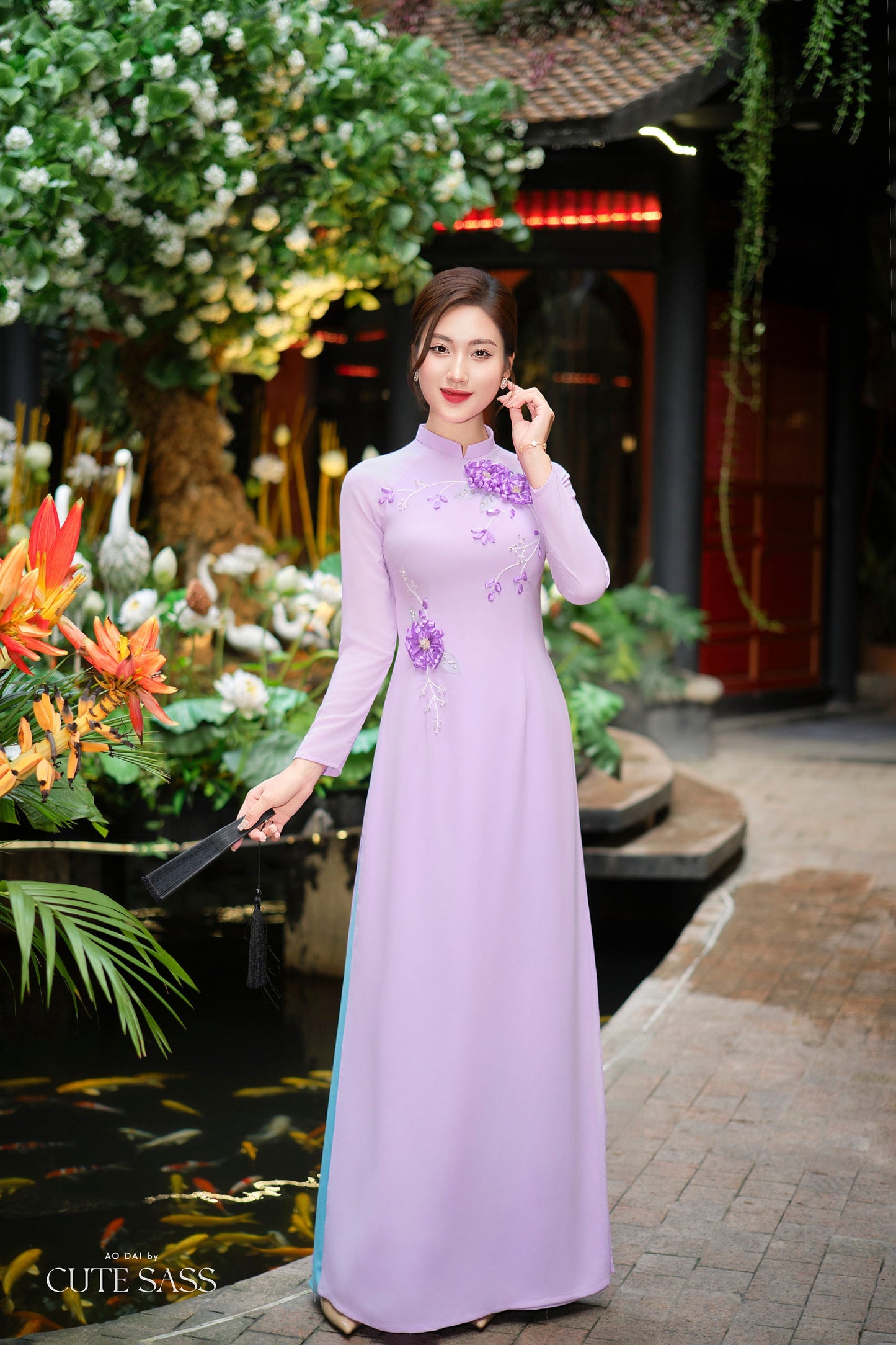 Purple B Dark 3D Ribbon Flowers 3D Chiffon Ao Dai Set