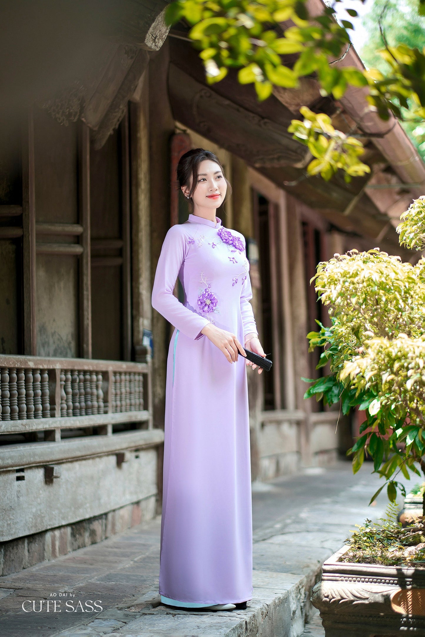 Purple B Dark 3D Ribbon Flowers 3D Chiffon Ao Dai Set