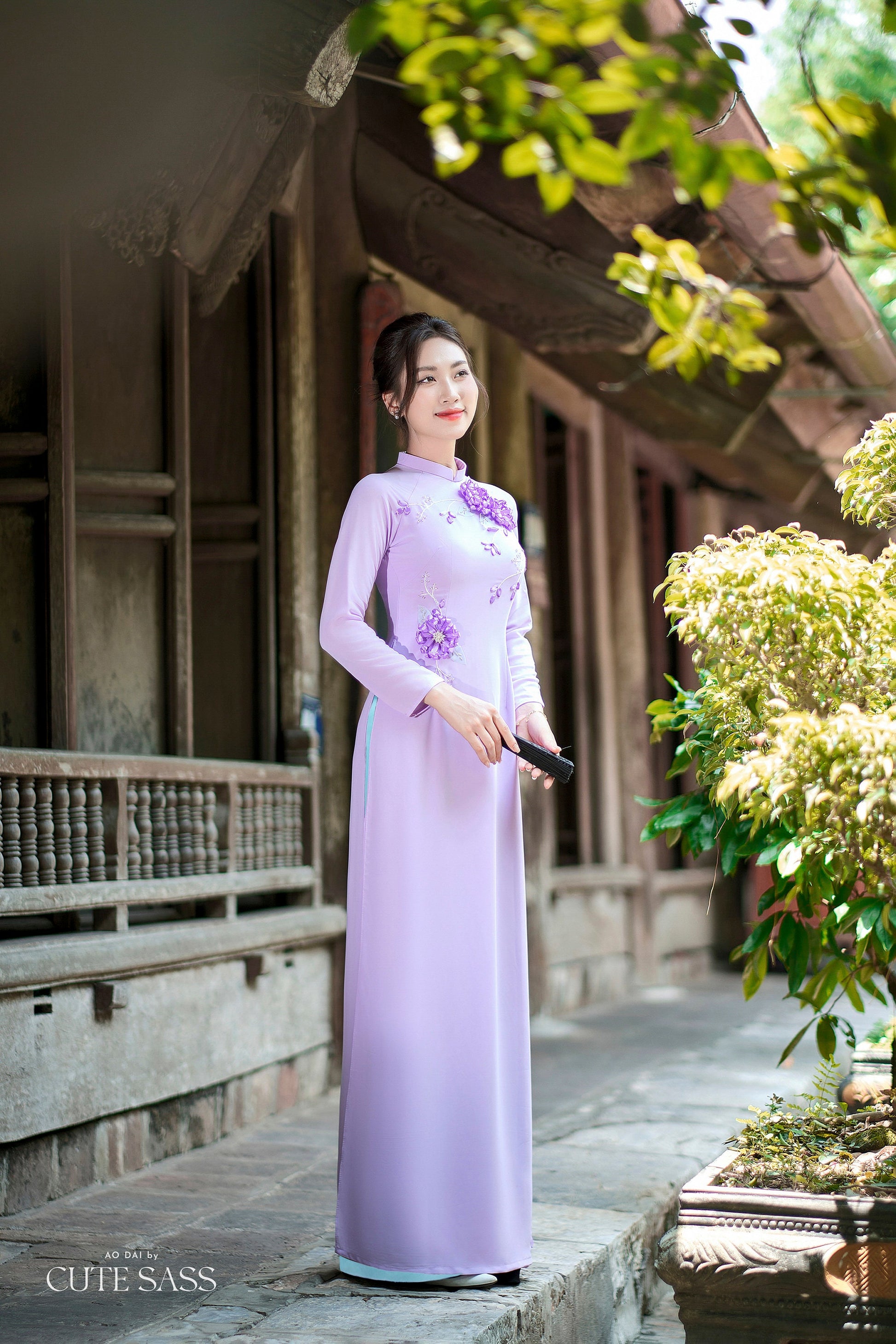 Purple B Dark 3D Ribbon Flowers 3D Chiffon Ao Dai Set