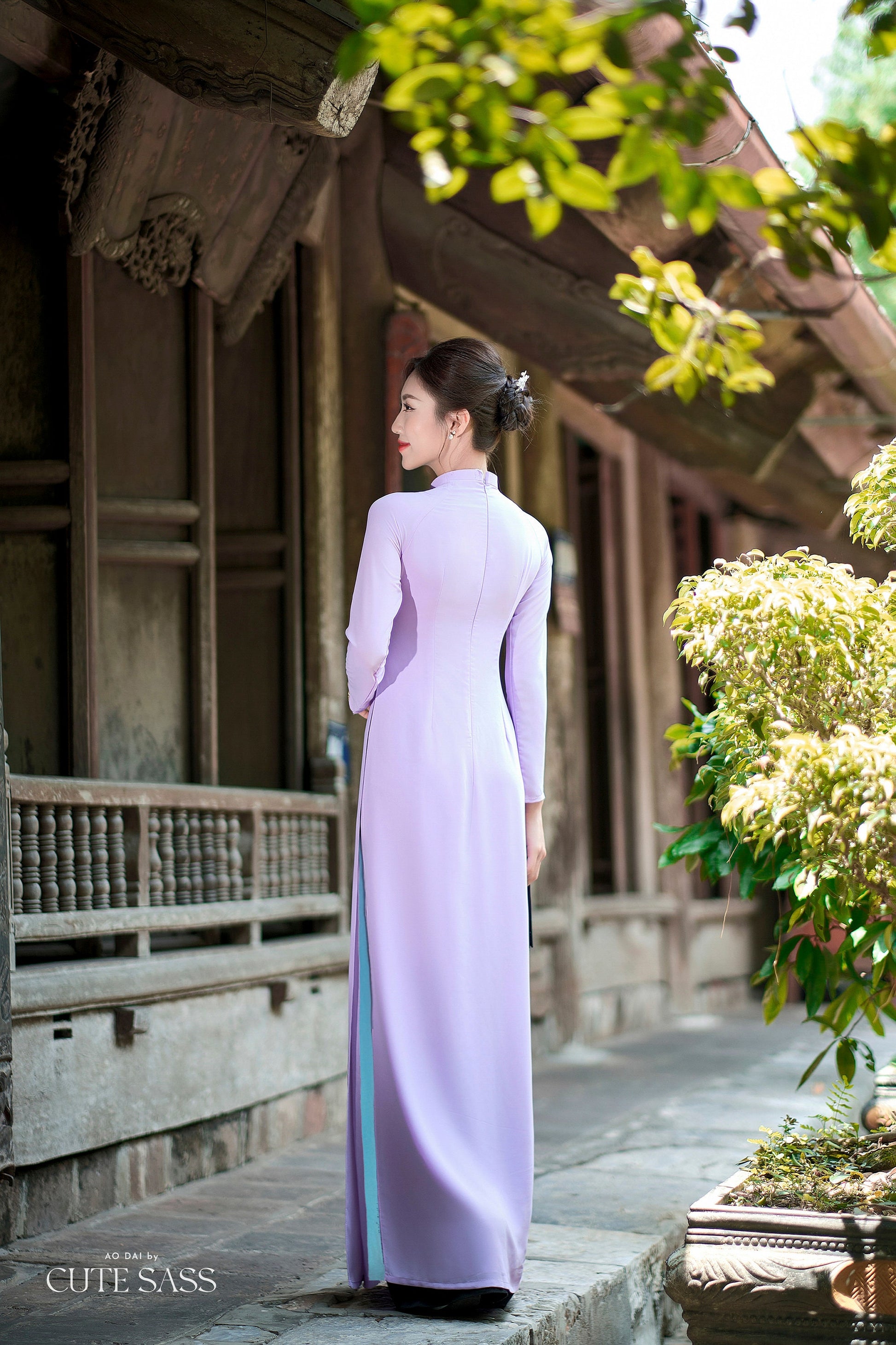 Purple B Dark 3D Ribbon Flowers 3D Chiffon Ao Dai Set