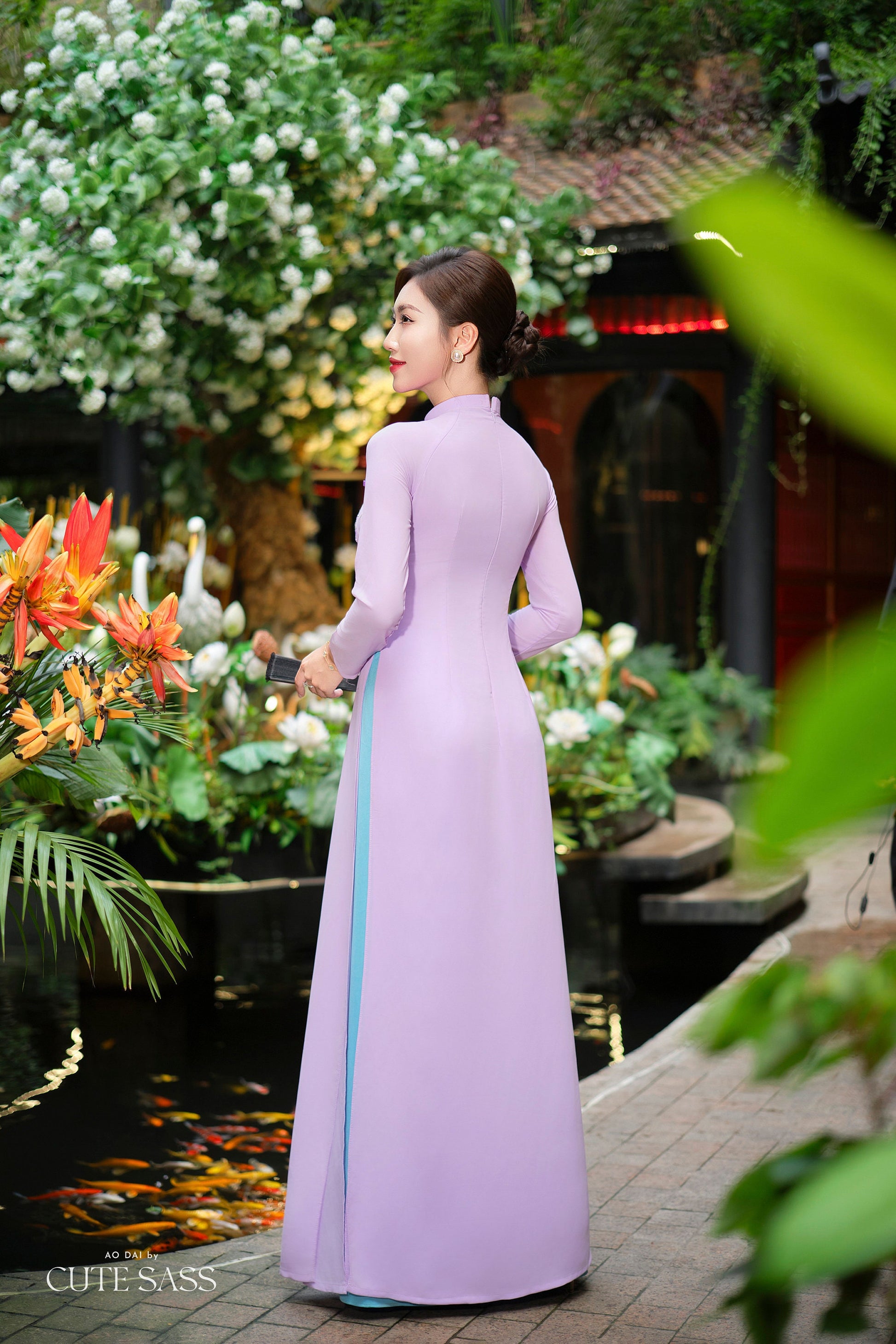Purple B Dark 3D Ribbon Flowers 3D Chiffon Ao Dai Set