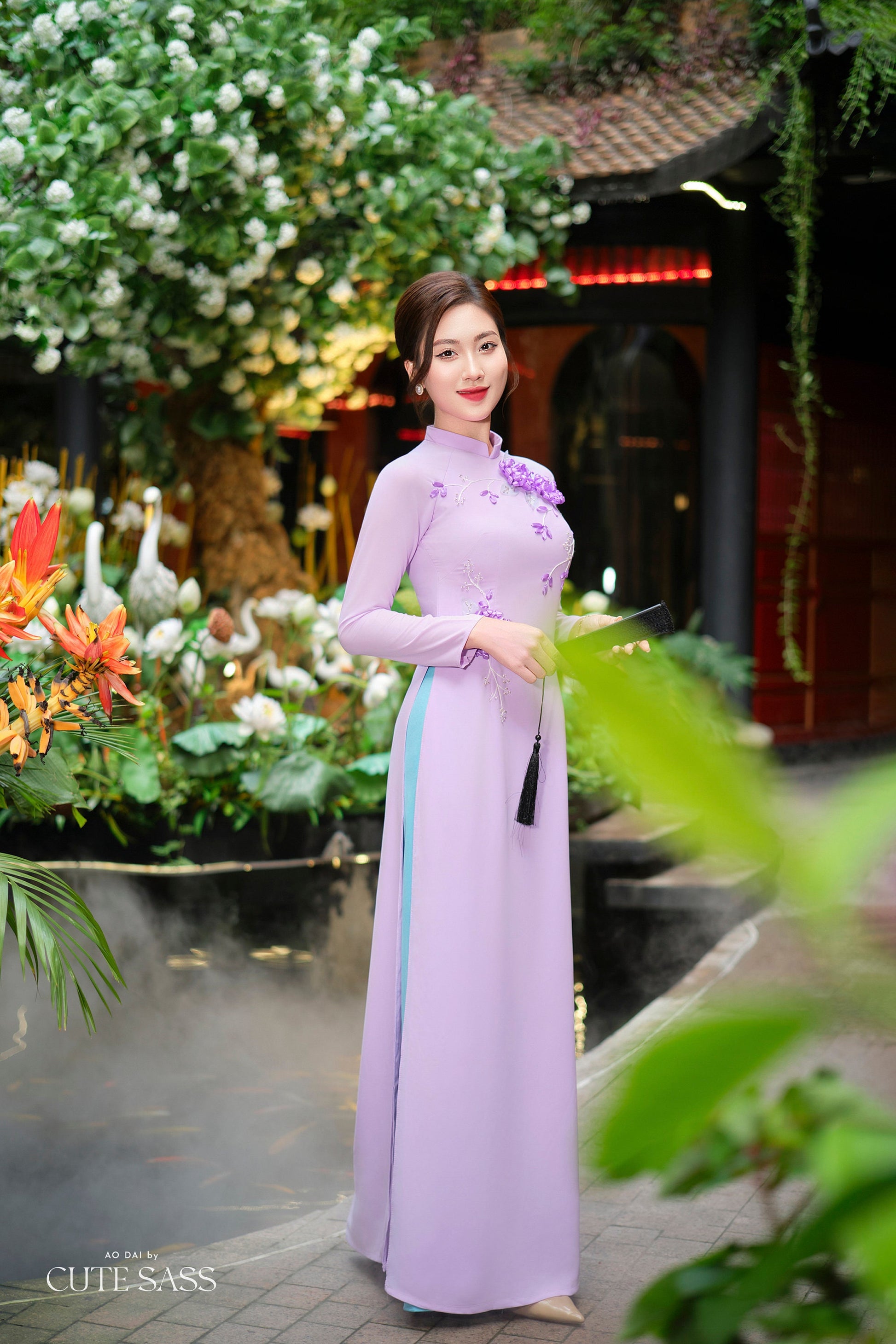 Purple B Dark 3D Ribbon Flowers 3D Chiffon Ao Dai Set