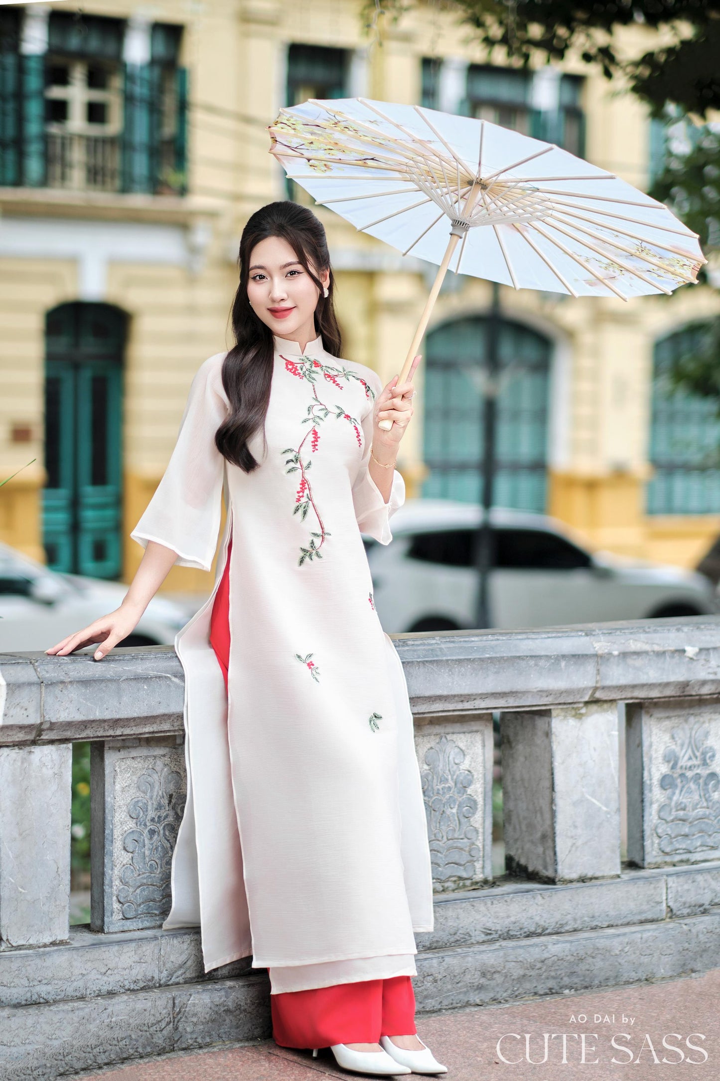 Cream Holly Berries Ao Dai Set (Red Pants) | Pre-made Traditional Vietnamese Ao Dai| Women Ao Dai with Pants | Lunar New Year|5C