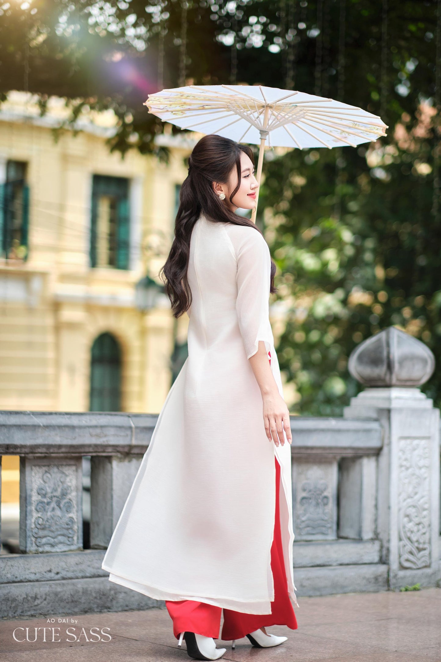 Cream Holly Berries Ao Dai Set (Red Pants) | Pre-made Traditional Vietnamese Ao Dai| Women Ao Dai with Pants | Lunar New Year|5C