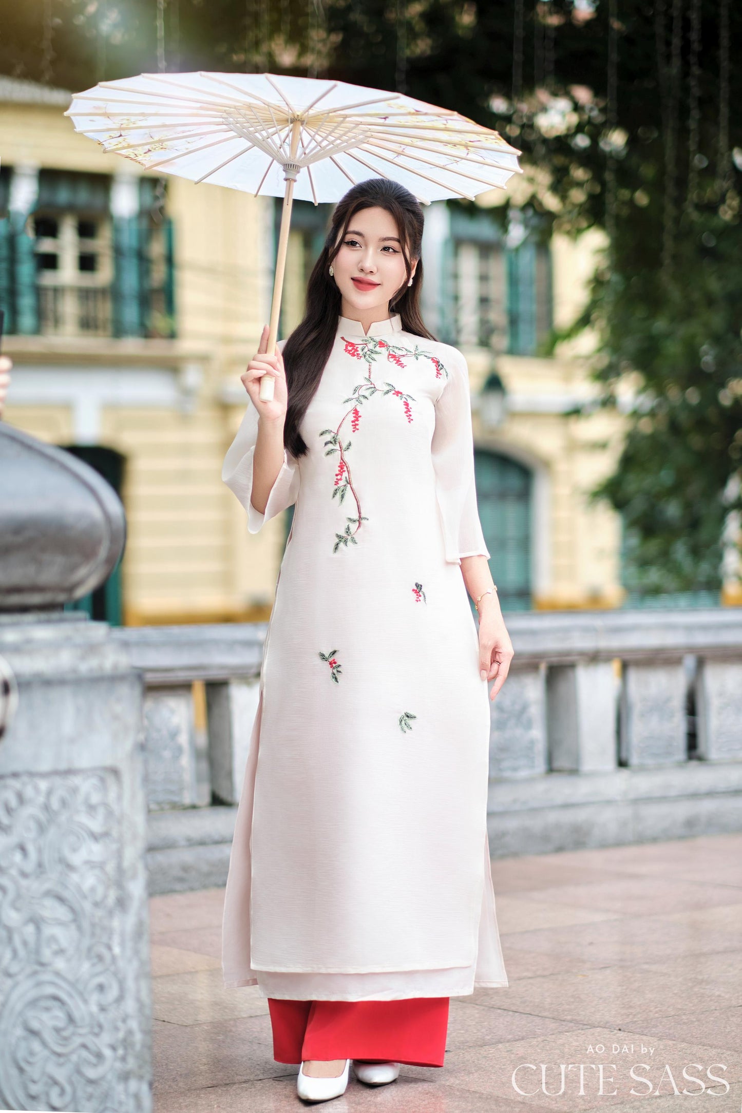 Cream Holly Berries Ao Dai Set (Red Pants) | Pre-made Traditional Vietnamese Ao Dai| Women Ao Dai with Pants | Lunar New Year|5C