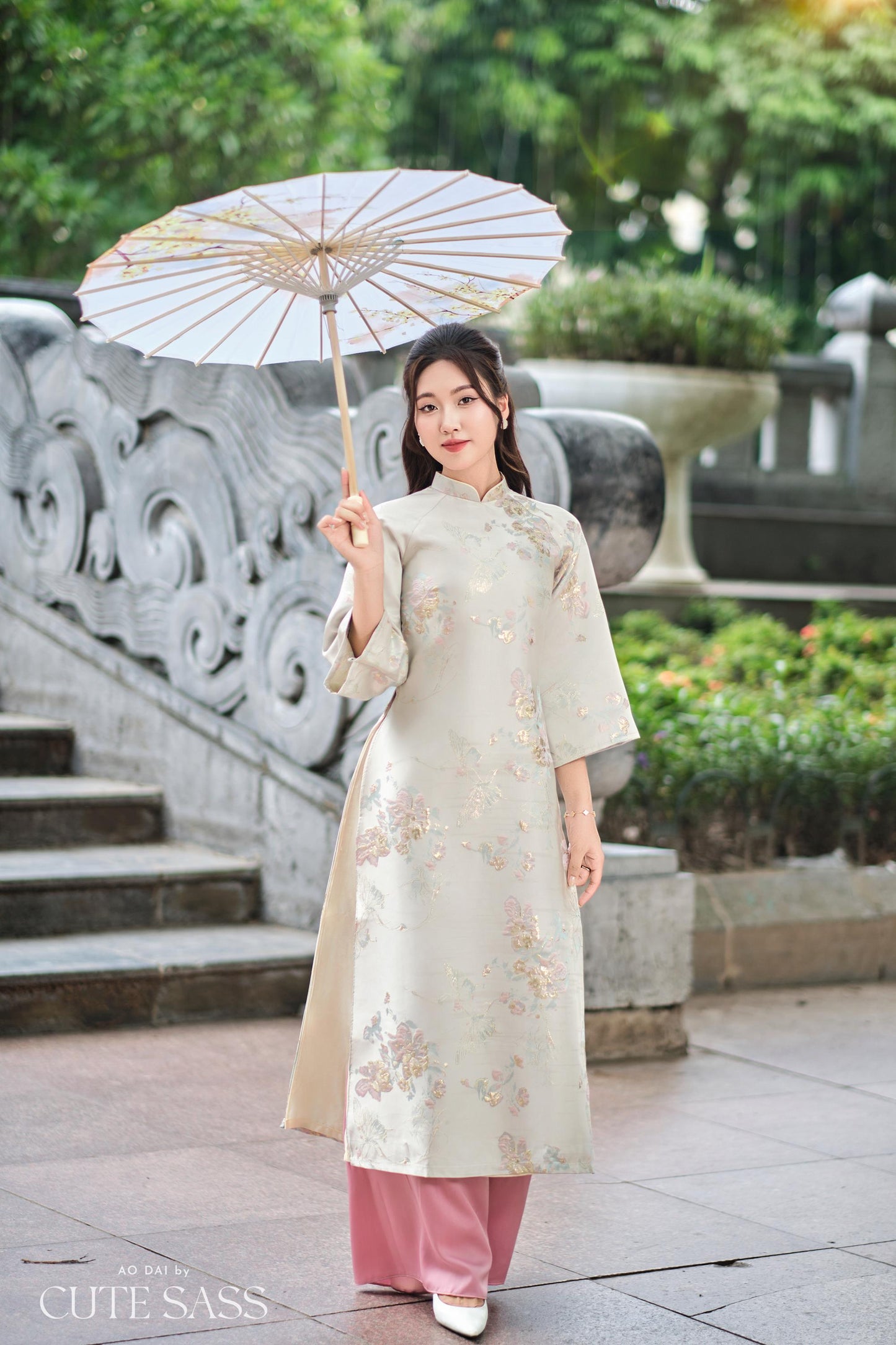 Cream and Gold Butterfly Garden Shifted Ao Dai Set (3 COLORS) |Pre-made Modernized Vietnamese Ao Dai | Lunar New Year| 1-2D