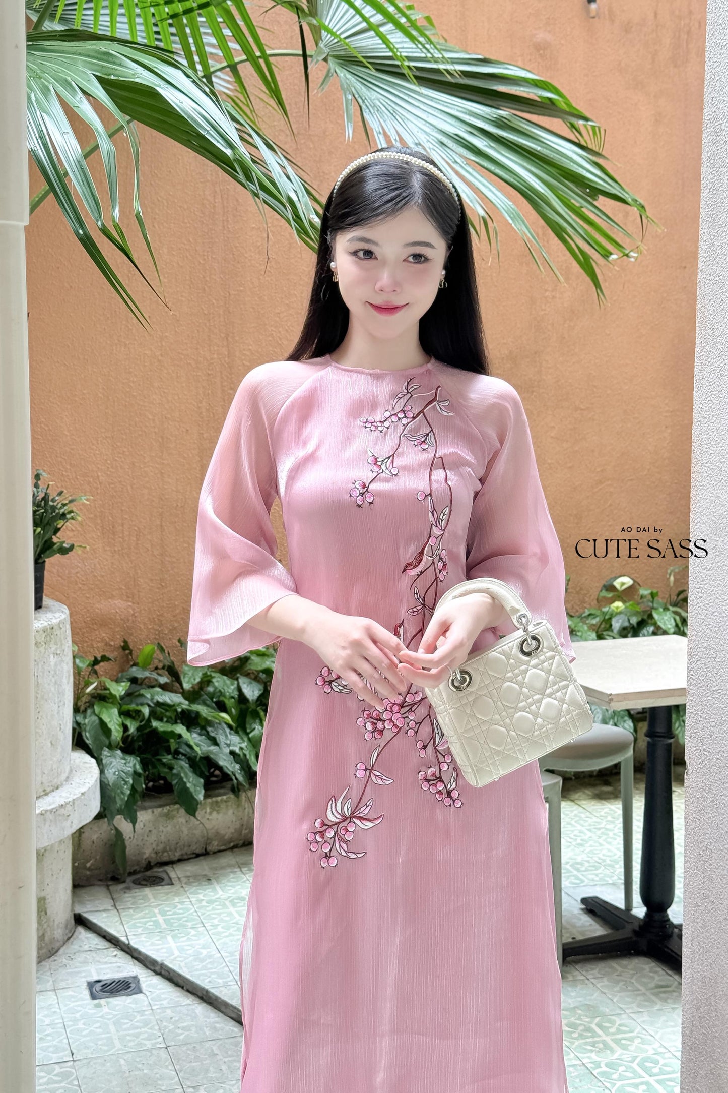 Pink Holly Embroidery Chiffon Ao Dai Set | Pre-made Traditional Vietnamese Ao Dai|Ao Dai with Pants|Lunar New Year Ao Dai|