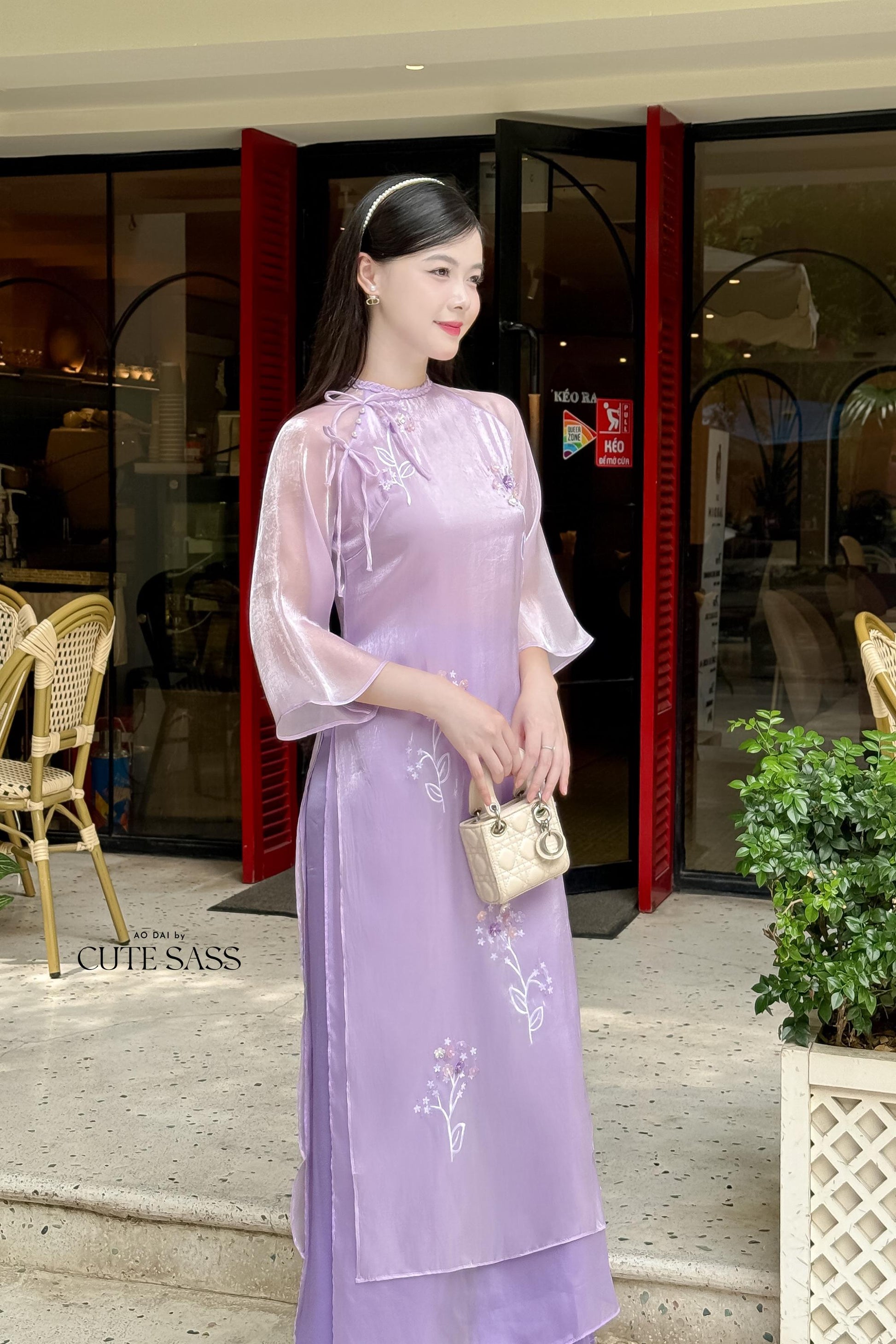Purple Mini Daisy Embroidery Chiffon Ao Dai Set | Pre-made Traditional Vietnamese Ao Dai|Ao Dai with Pants|Lunar New Year Ao Dai|