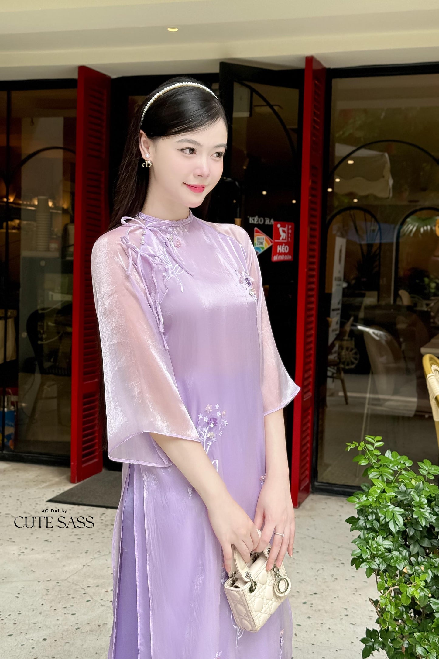 Purple Mini Daisy Embroidery Chiffon Ao Dai Set | Pre-made Traditional Vietnamese Ao Dai|Ao Dai with Pants|Lunar New Year Ao Dai|