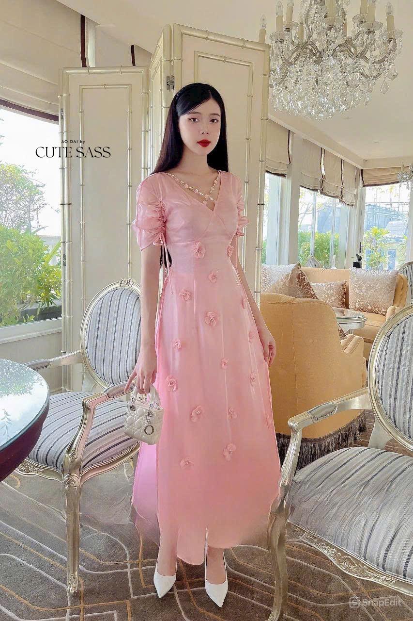 Pink V Neck Sparkle Short Sleeves Ao Dai Set | Pre-made Traditional Vietnamese Ao Dai|Ao Dai with Pants|Lunar New Year Ao Dai|