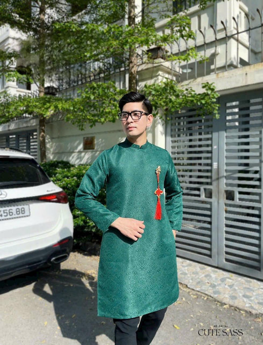 Men Dark Green Gam Ao Dai Top (No Tassel) 7A